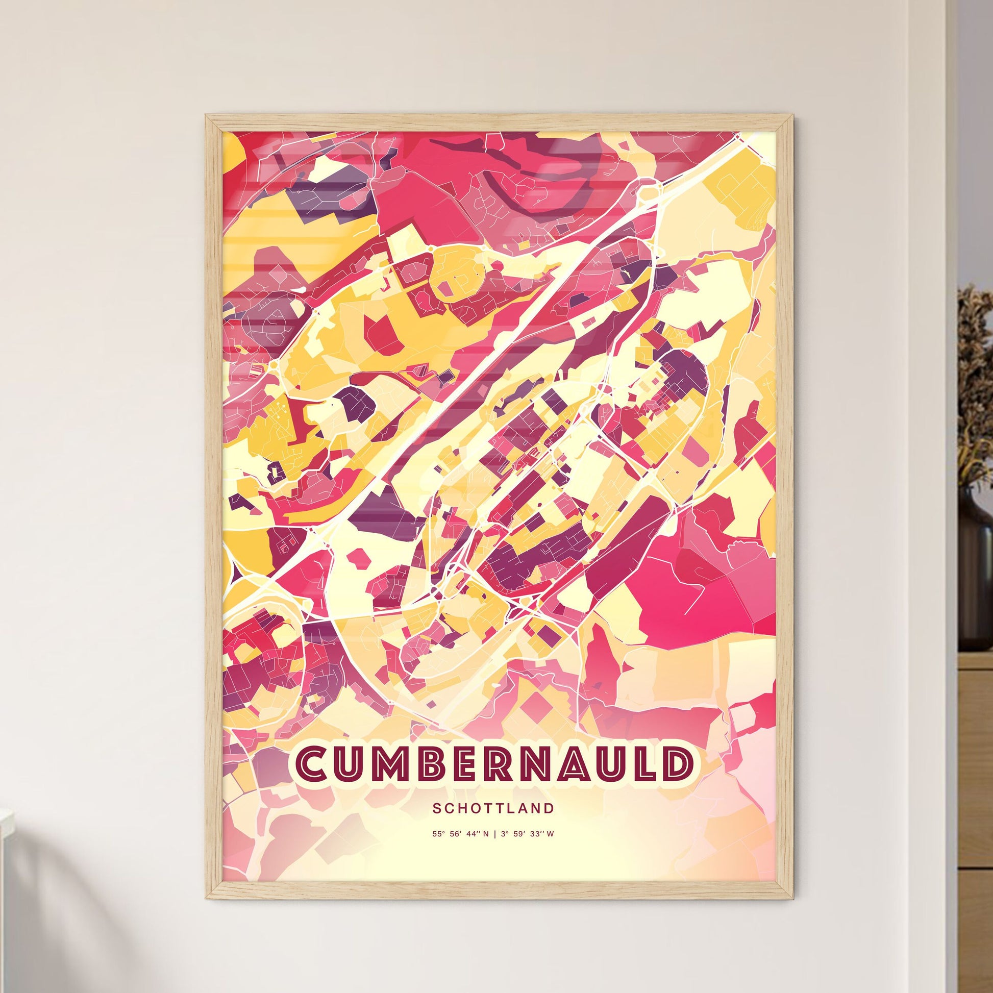 Colorful CUMBERNAULD SCOTLAND Fine Art Map Hot Red