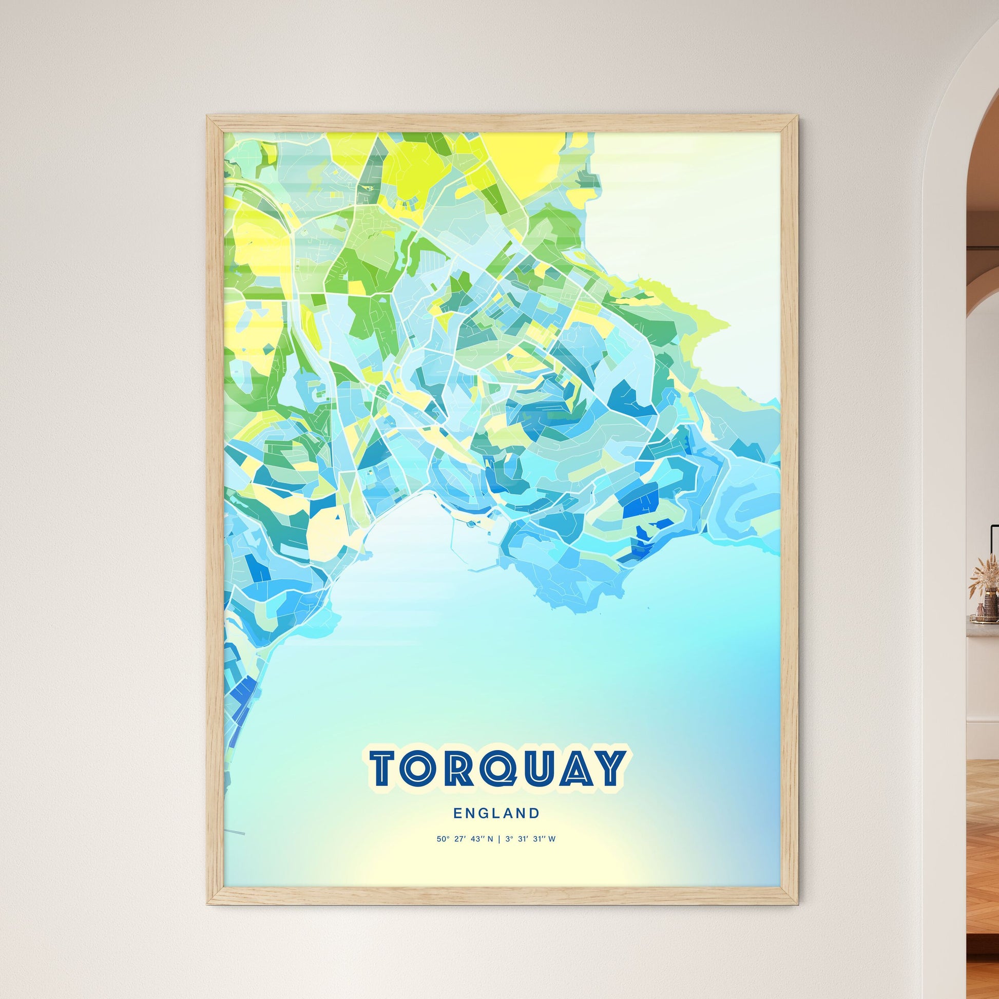 Colorful TORQUAY ENGLAND Fine Art Map Cool Blue