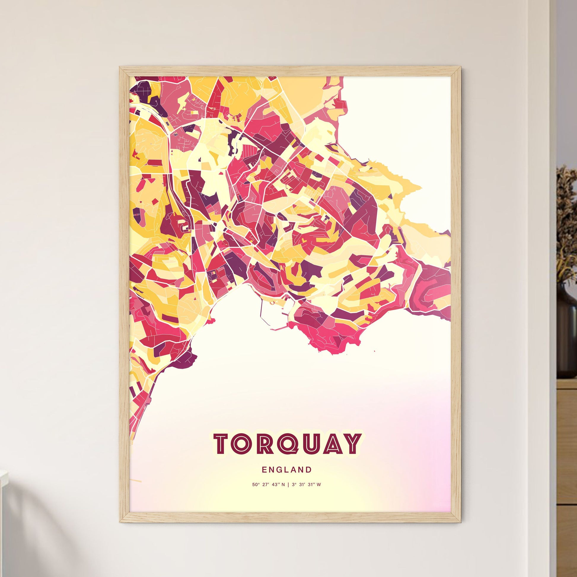 Colorful TORQUAY ENGLAND Fine Art Map Hot Red