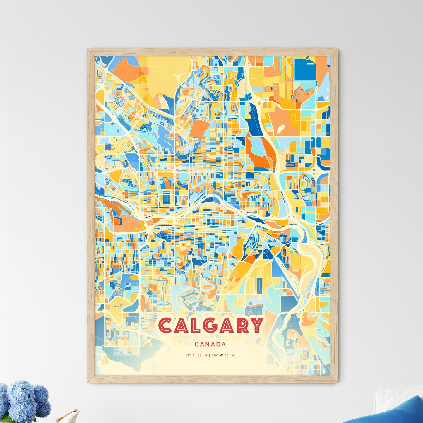 Colorful Calgary Canada Fine Art Map Blue Orange