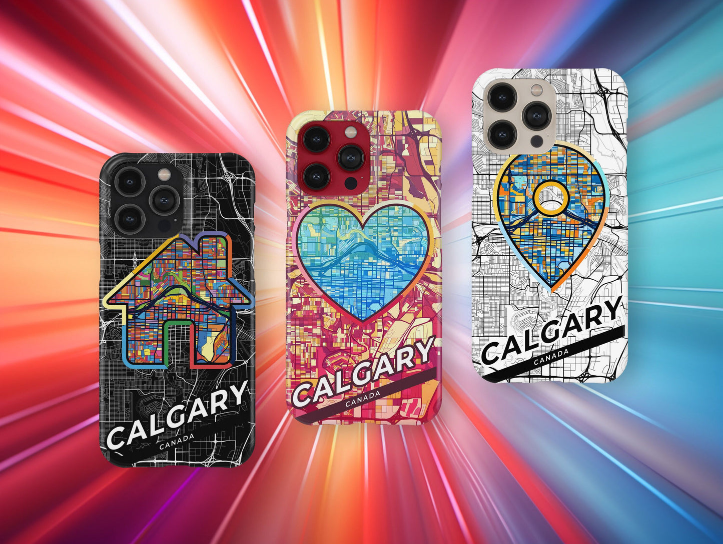 Calgary Canada slim phone case with colorful icon. Birthday, wedding or housewarming gift. Couple match cases.