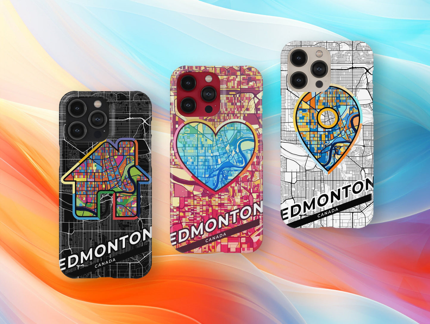 Edmonton Canada slim phone case with colorful icon. Birthday, wedding or housewarming gift. Couple match cases.