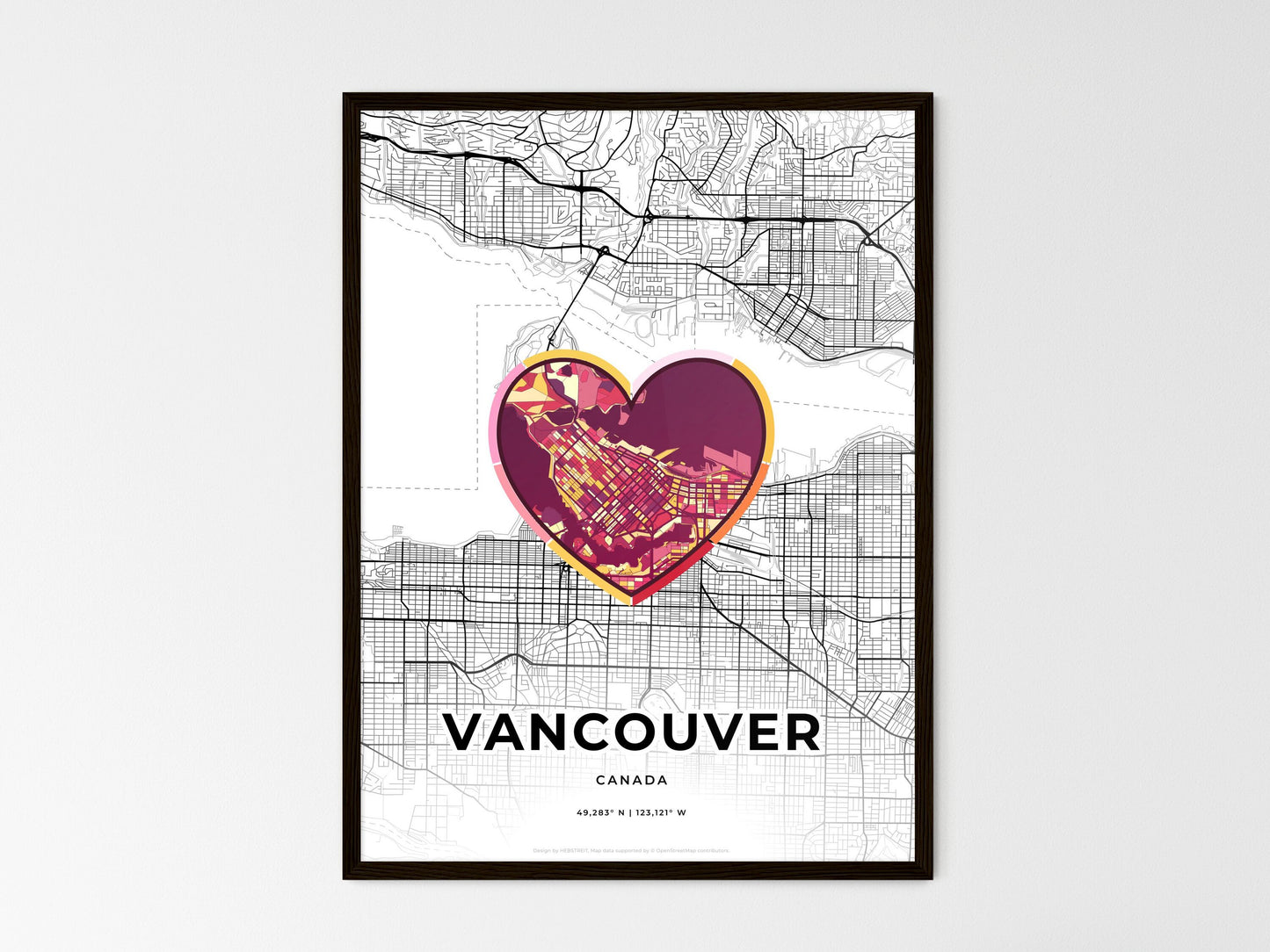 Vancouver Canada wedding art map with heart icon