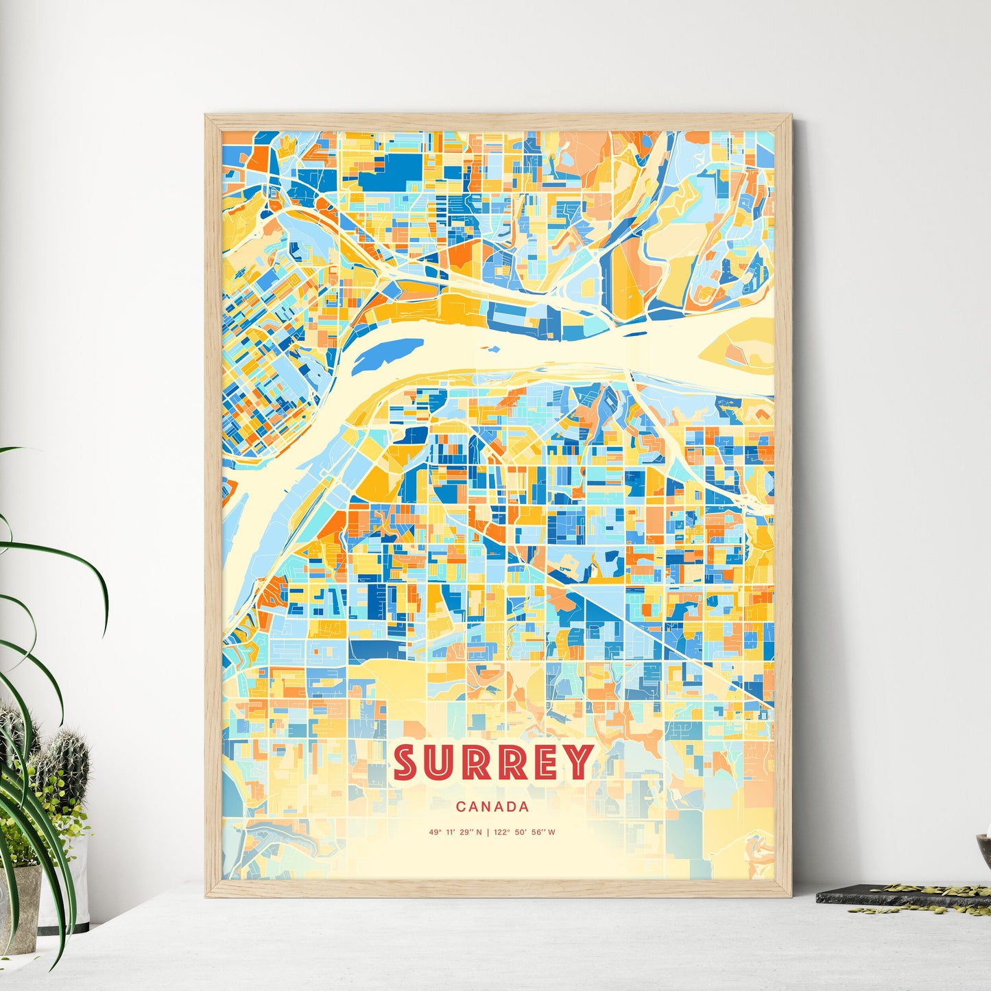 Colorful Surrey Canada Fine Art Map Blue Orange