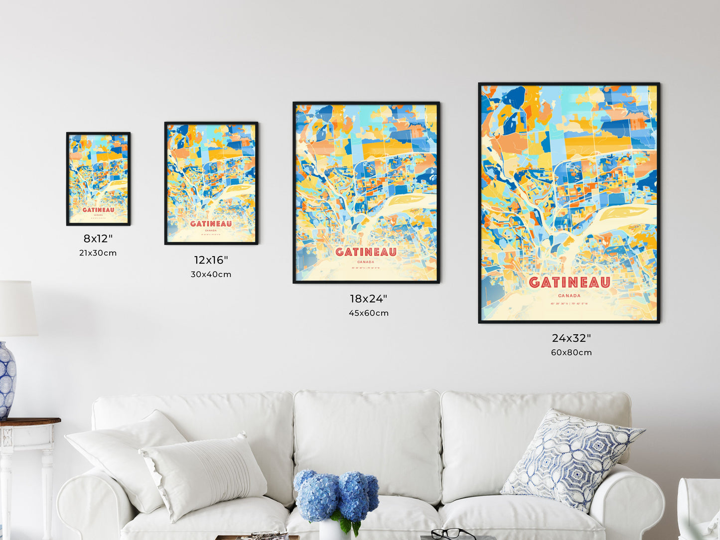 Colorful GATINEAU CANADA Fine Art Map Blue Orange