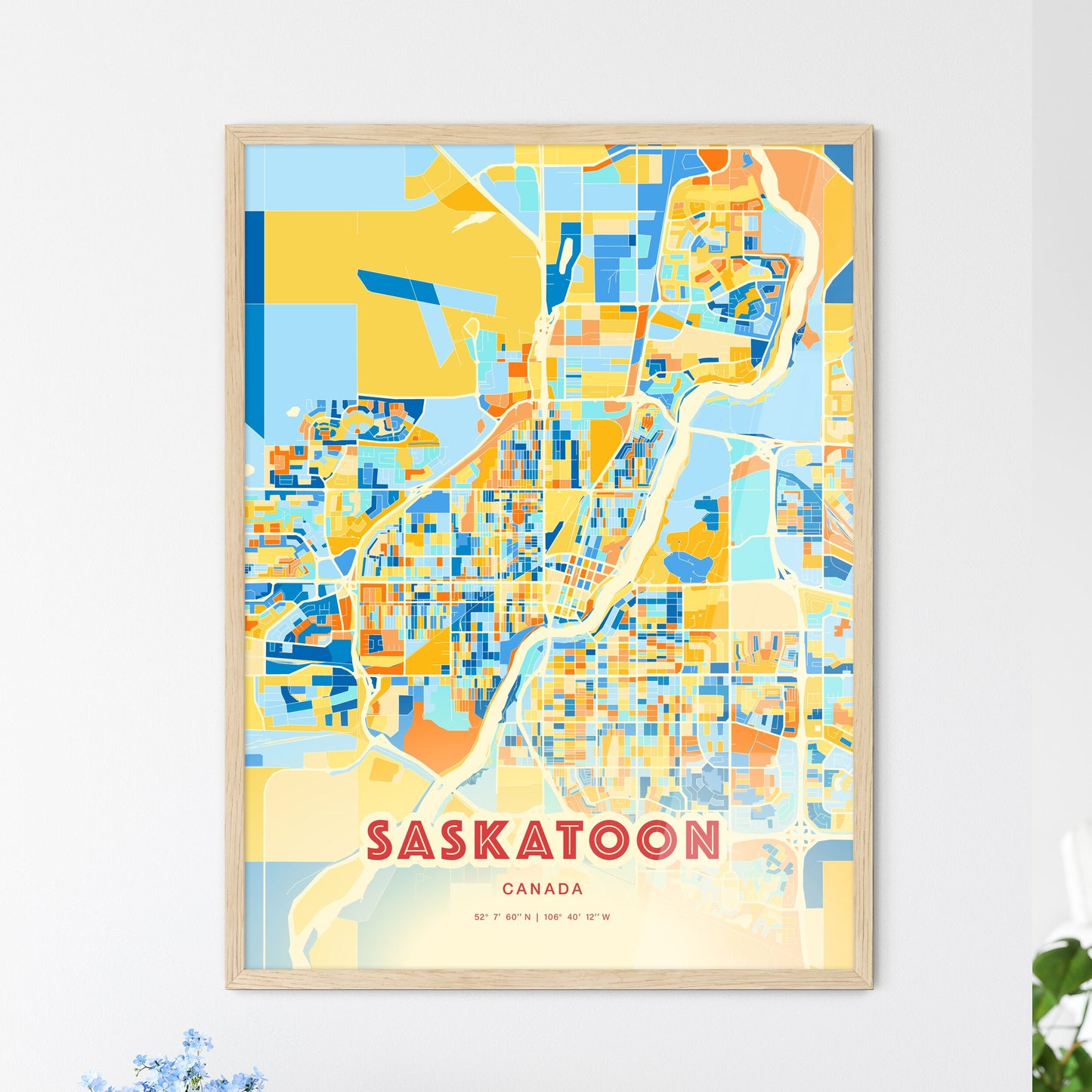 Colorful Saskatoon Canada Fine Art Map Blue Orange