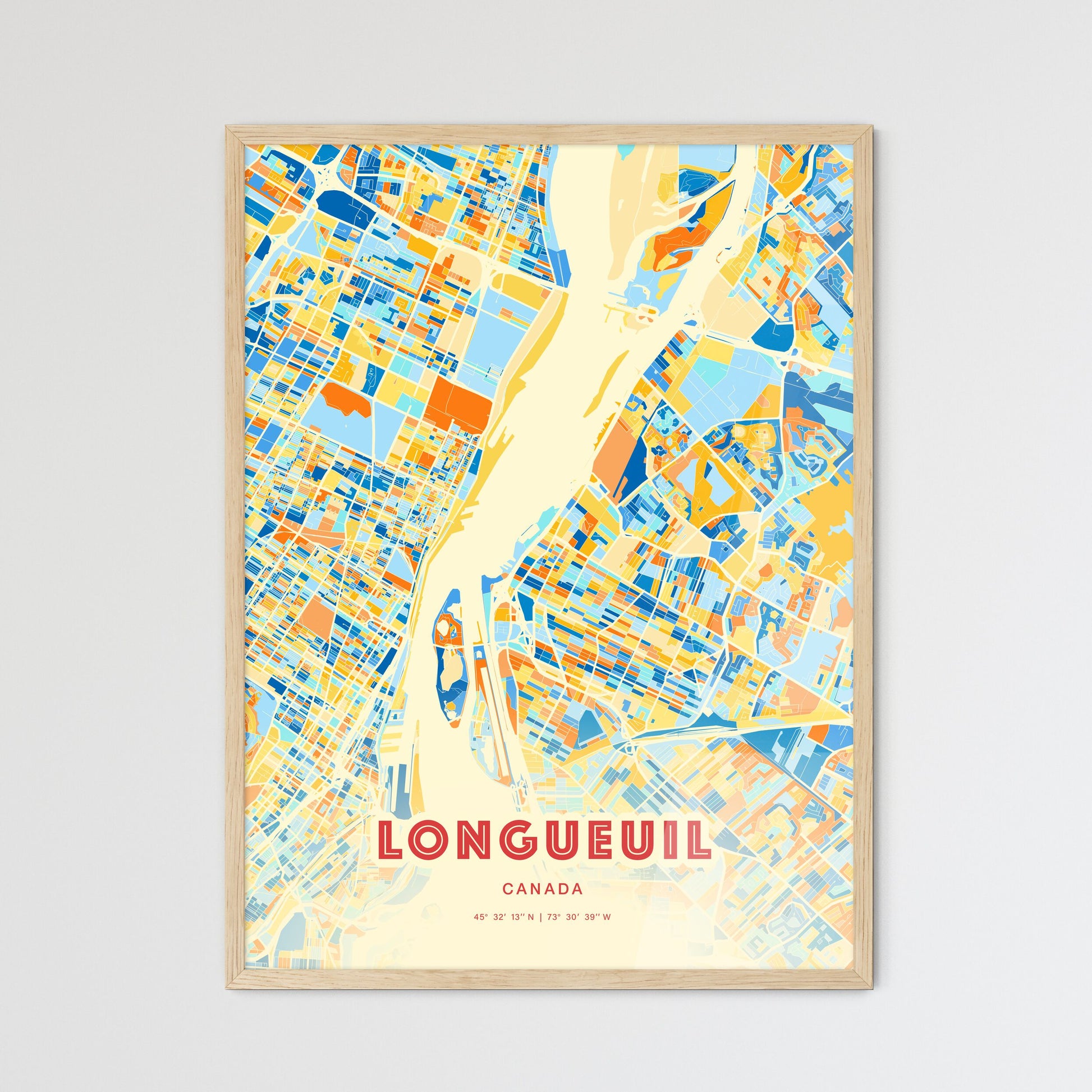 Colorful Longueuil Canada Fine Art Map Blue Orange