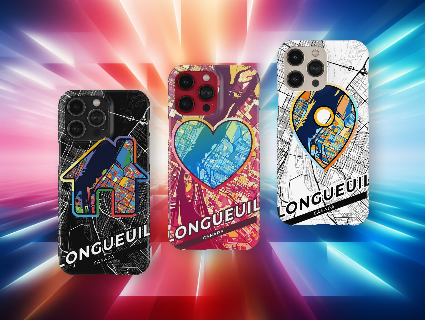 Longueuil Canada slim phone case with colorful icon. Birthday, wedding or housewarming gift. Couple match cases.