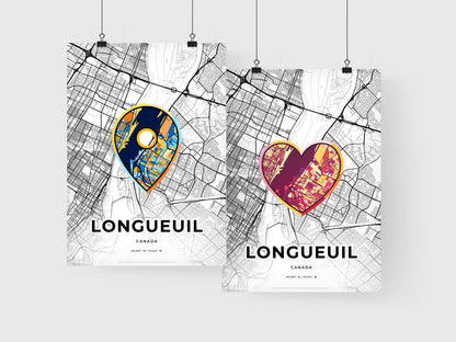 LONGUEUIL CANADA minimal art map with a colorful icon. Where it all began, Couple map gift.