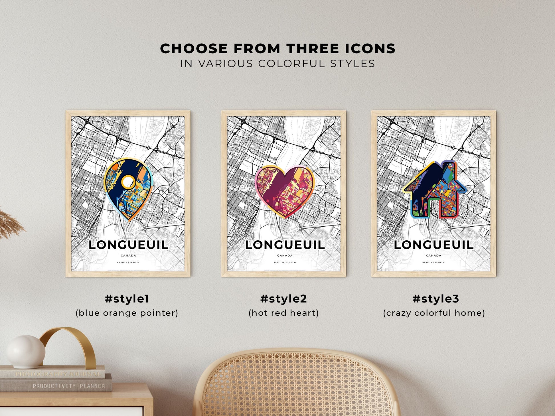LONGUEUIL CANADA minimal art map with a colorful icon. Where it all began, Couple map gift.