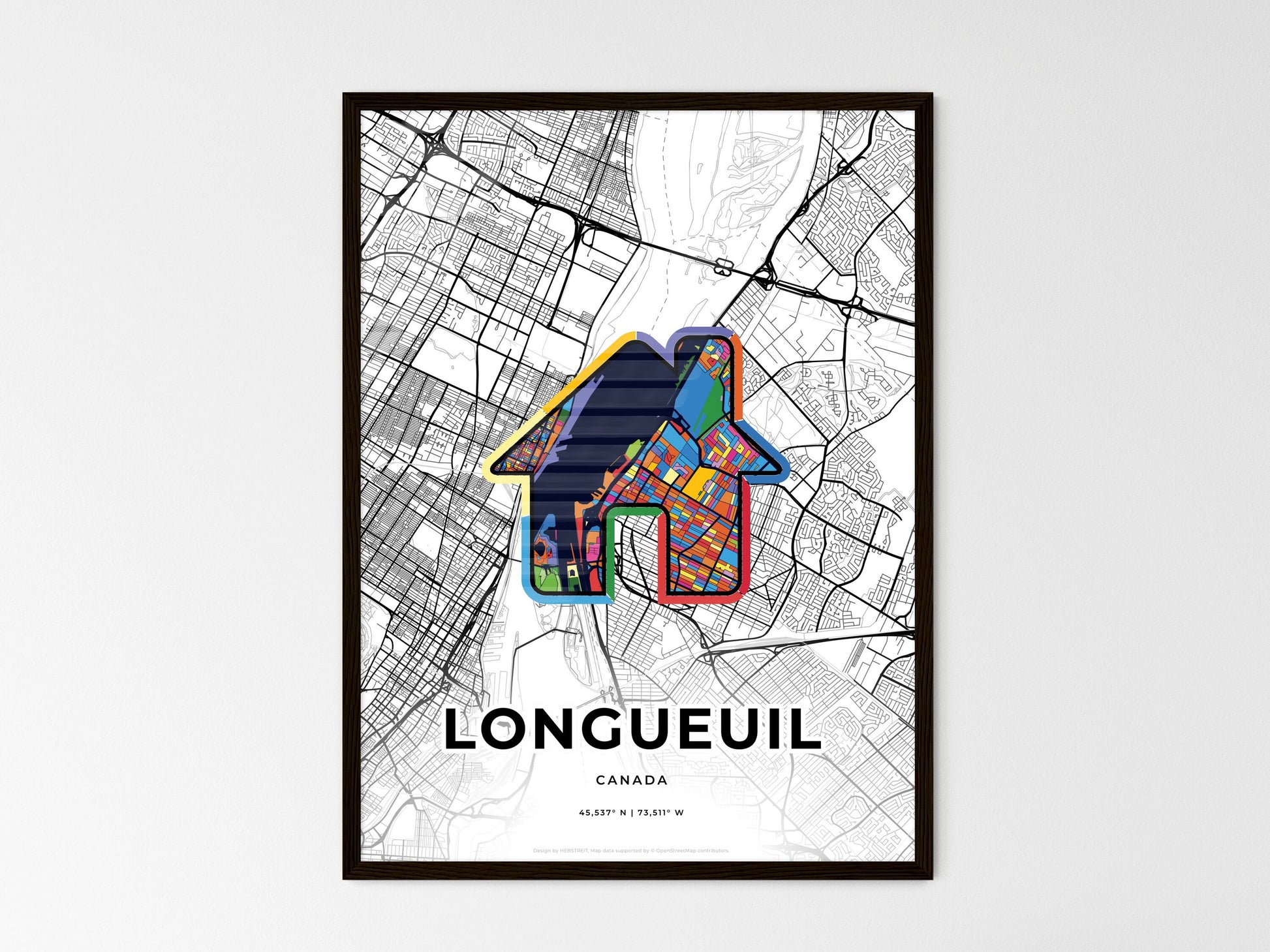 LONGUEUIL CANADA minimal art map with a colorful icon. Where it all began, Couple map gift. Style 3