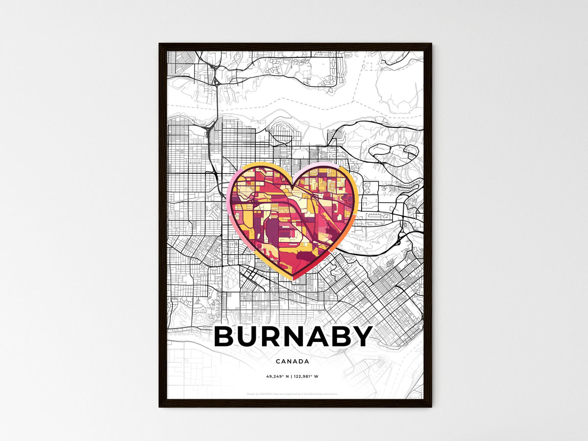 Burnaby Canada wedding art map with heart icon