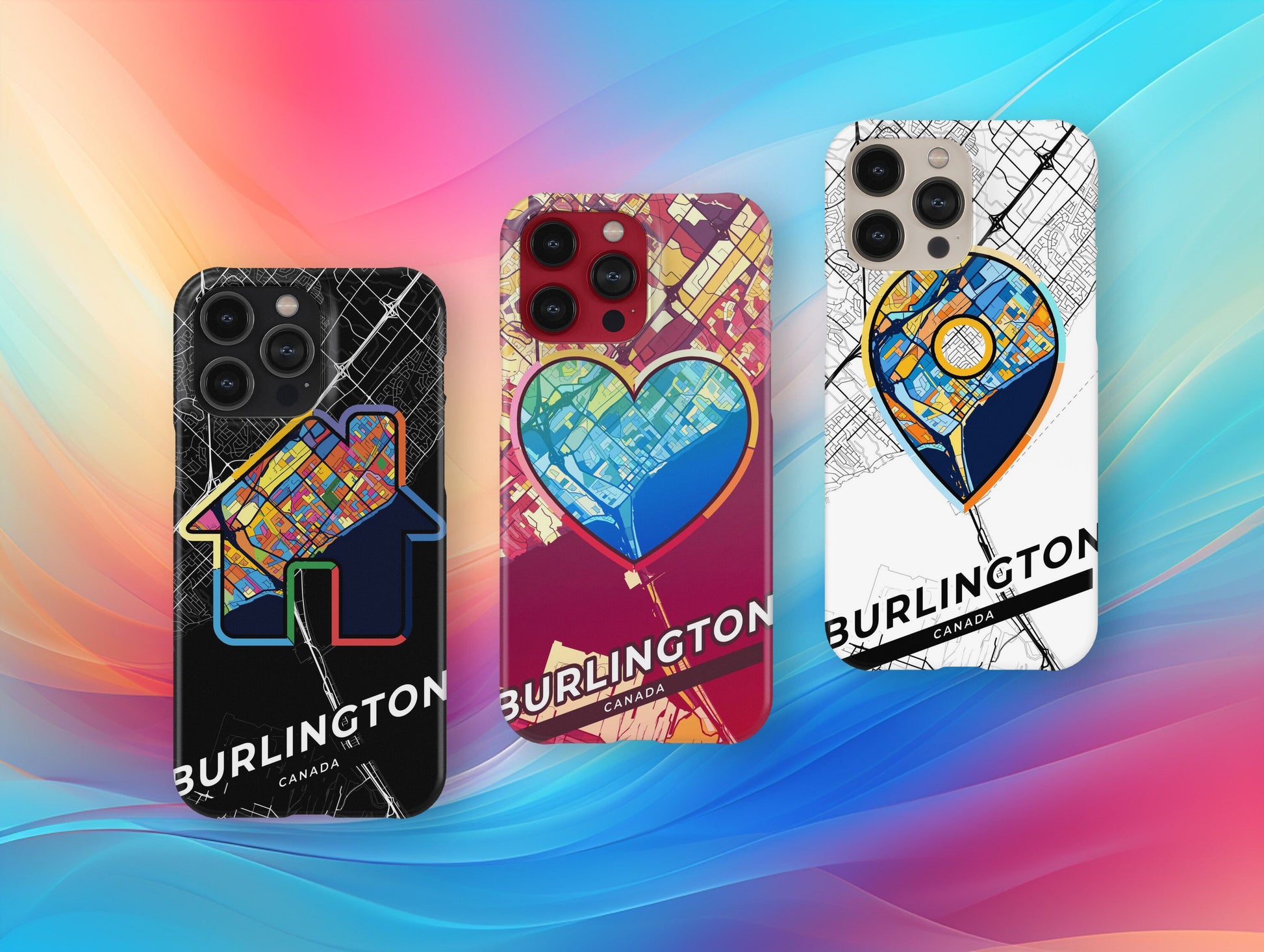 Burlington Canada slim phone case with colorful icon. Birthday, wedding or housewarming gift. Couple match cases.