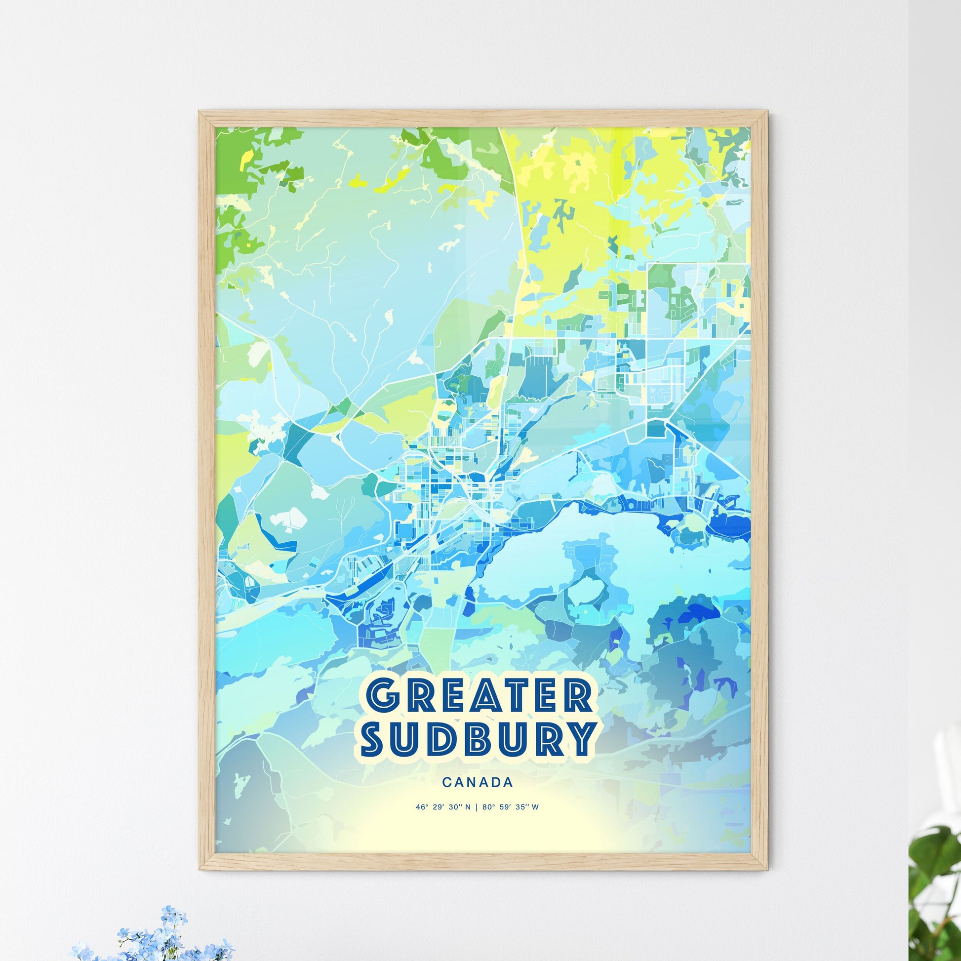 Colorful GREATER SUDBURY CANADA Fine Art Map Cool Blue