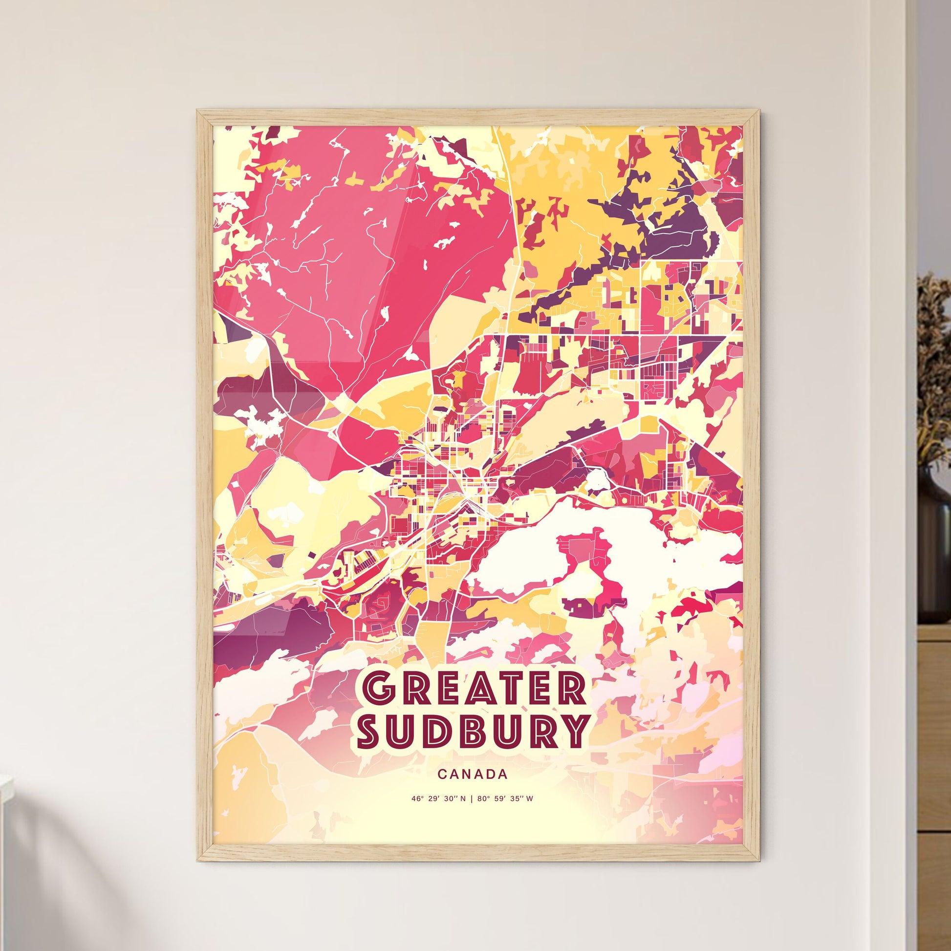 Colorful GREATER SUDBURY CANADA Fine Art Map Hot Red