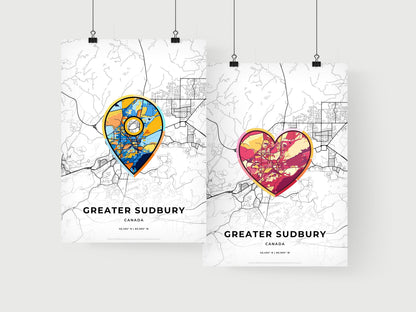 GREATER SUDBURY CANADA minimal art map with a colorful icon. Where it all began, Couple map gift.