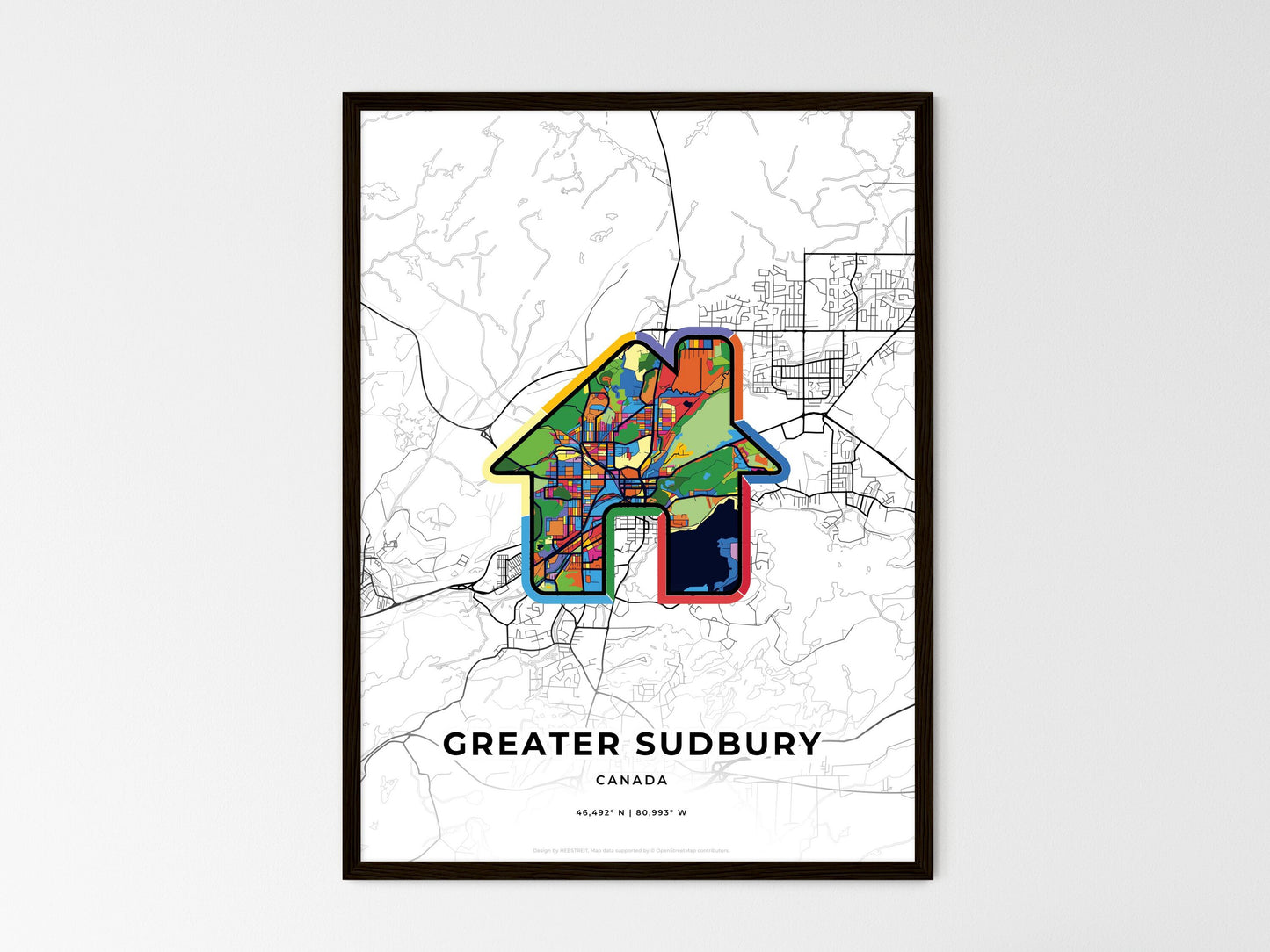 GREATER SUDBURY CANADA minimal art map with a colorful icon. Where it all began, Couple map gift. Style 3