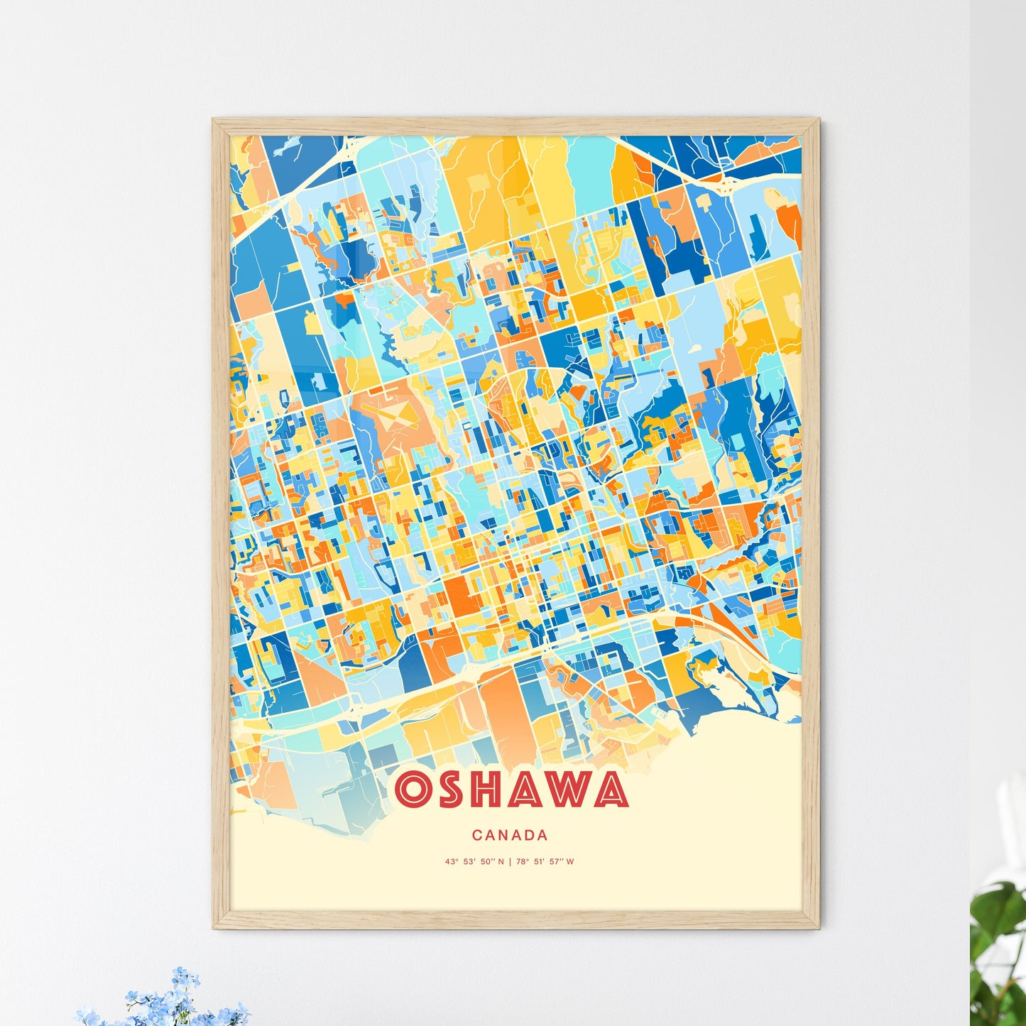Colorful Oshawa Canada Fine Art Map Blue Orange