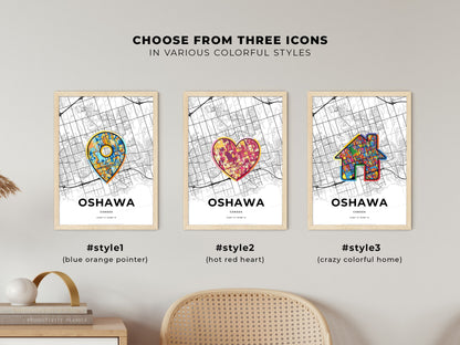 OSHAWA CANADA minimal art map with a colorful icon.