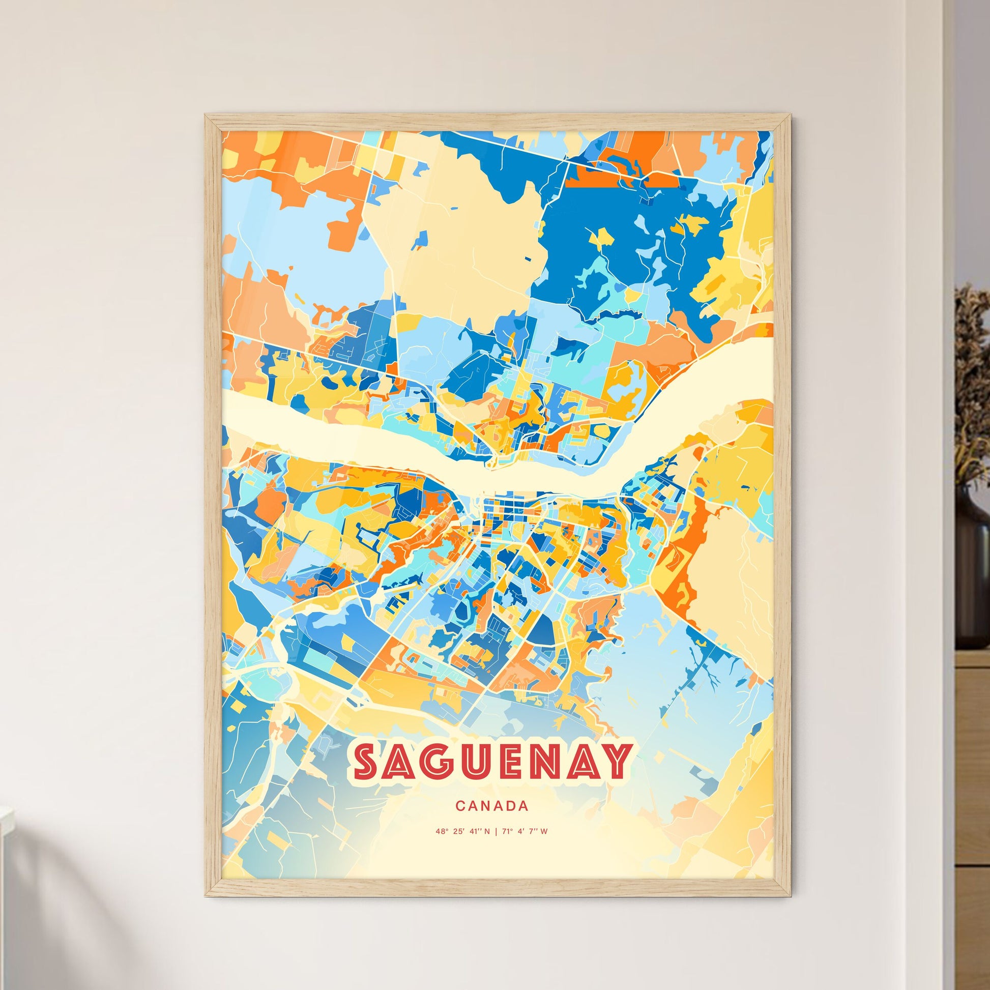 Colorful Saguenay Canada Fine Art Map Blue Orange