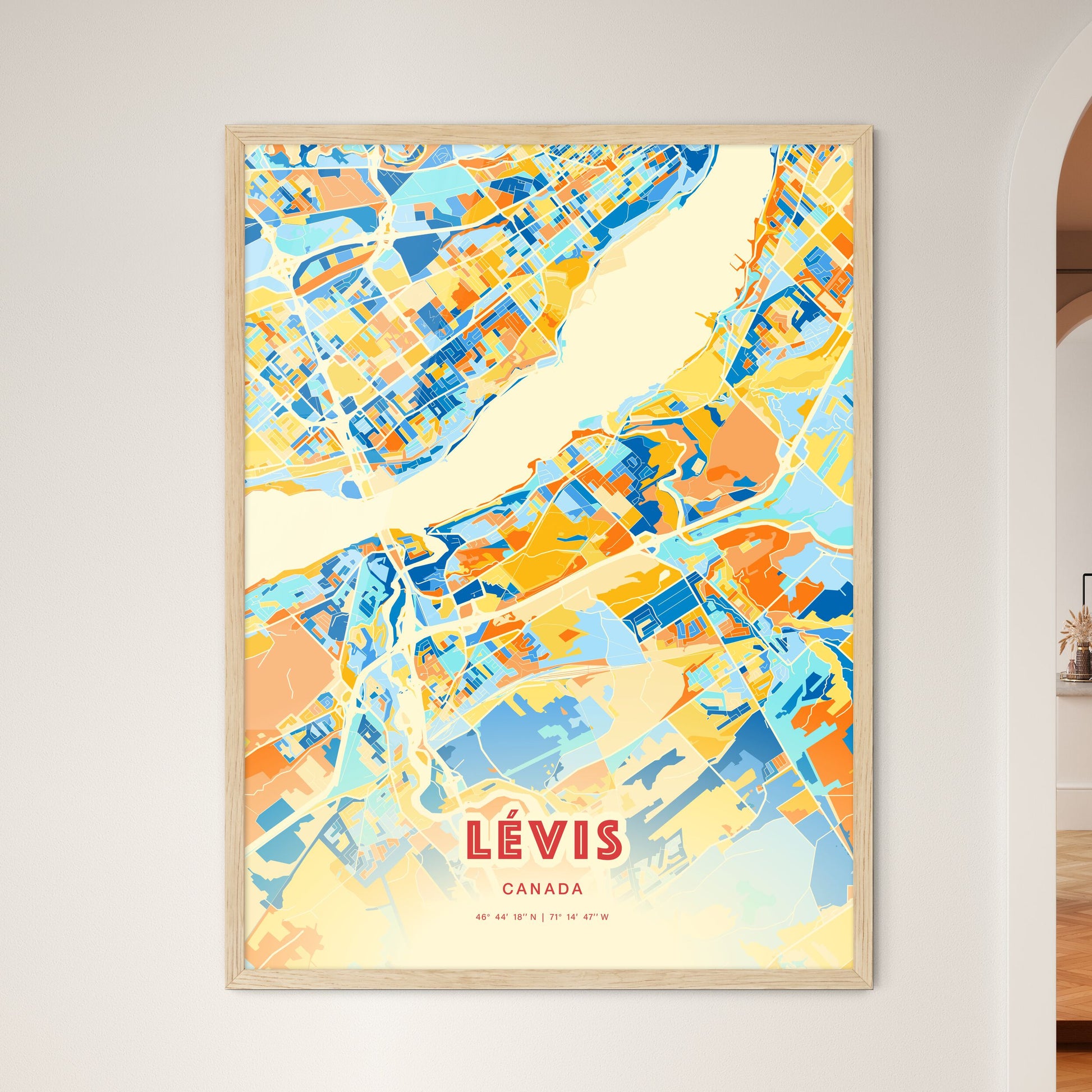 Colorful LÉVIS CANADA Fine Art Map Blue Orange