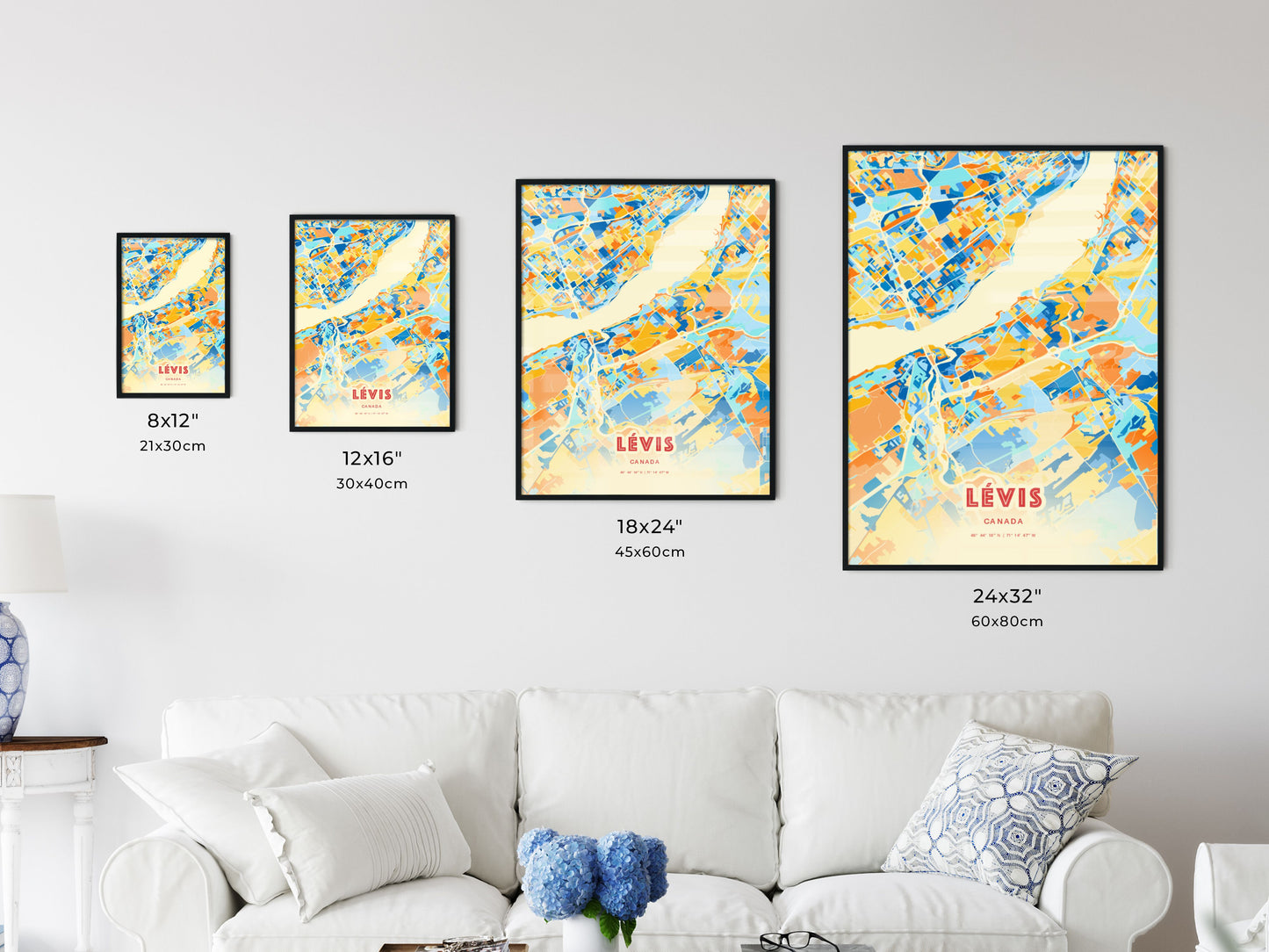 Colorful LÉVIS CANADA Fine Art Map Blue Orange