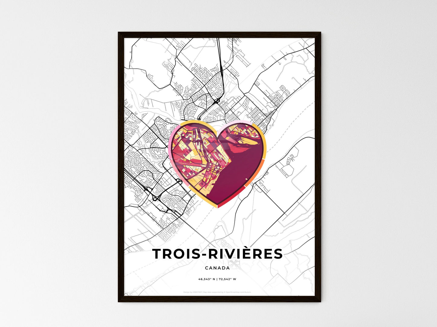 Trois-Rivières Canada wedding art map with heart icon