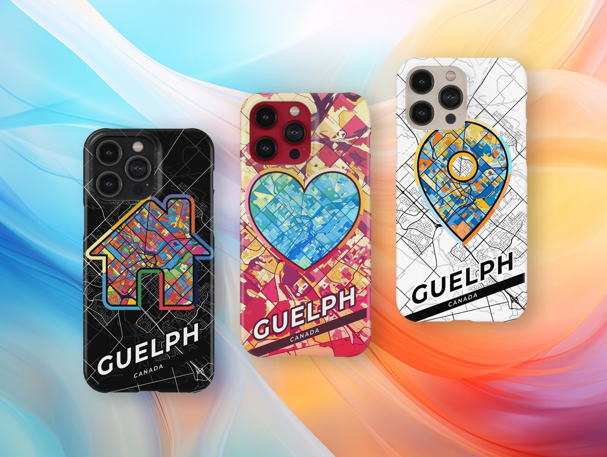 Guelph Canada slim phone case with colorful icon. Birthday, wedding or housewarming gift. Couple match cases.