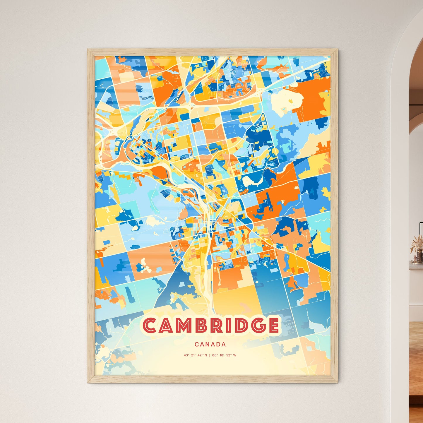 Colorful Cambridge Canada Fine Art Map Blue Orange