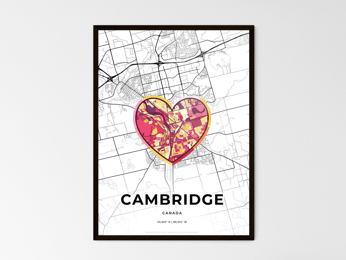 Cambridge Canada wedding art map with heart icon