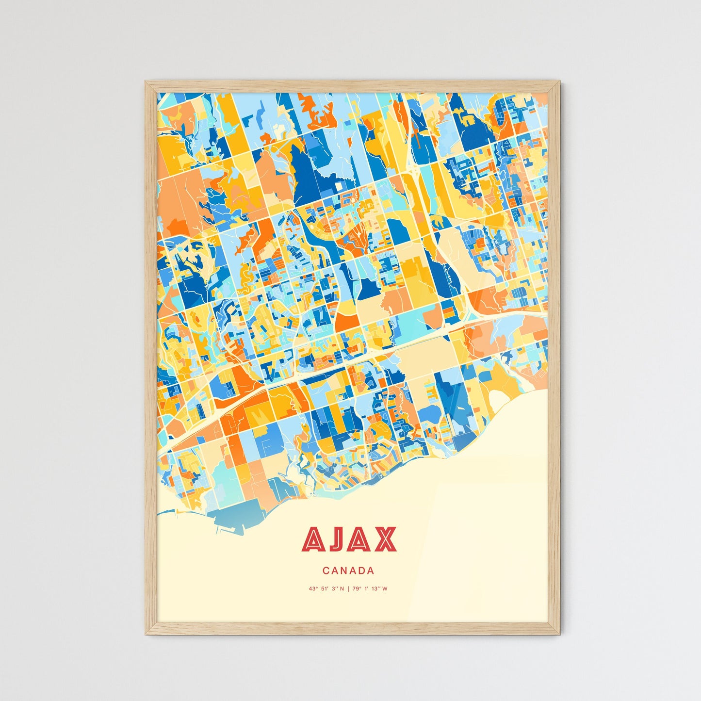 Colorful Ajax Canada Fine Art Map Blue Orange