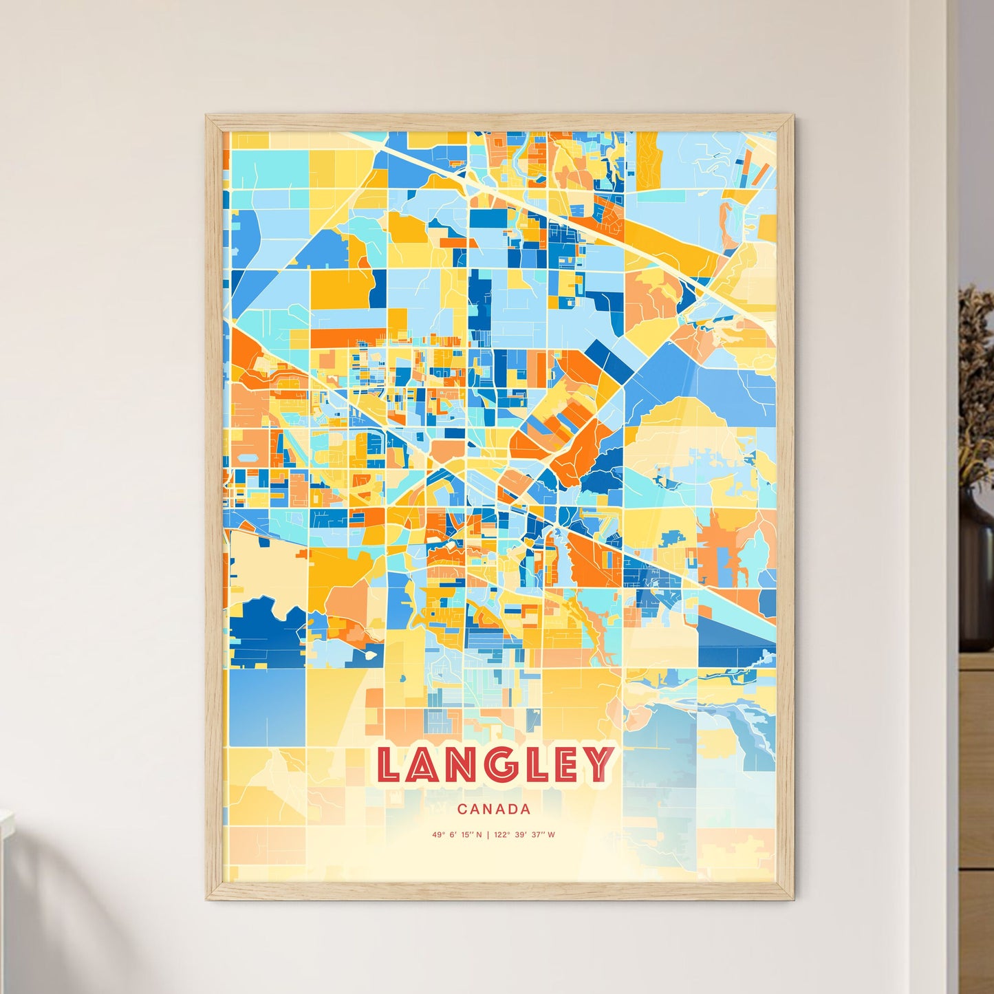 Colorful LANGLEY CANADA Fine Art Map Blue Orange