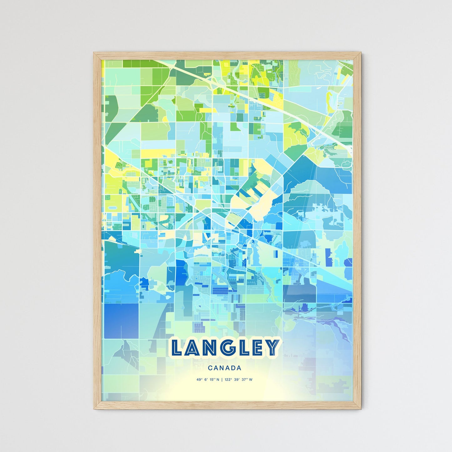 Colorful LANGLEY CANADA Fine Art Map Cool Blue