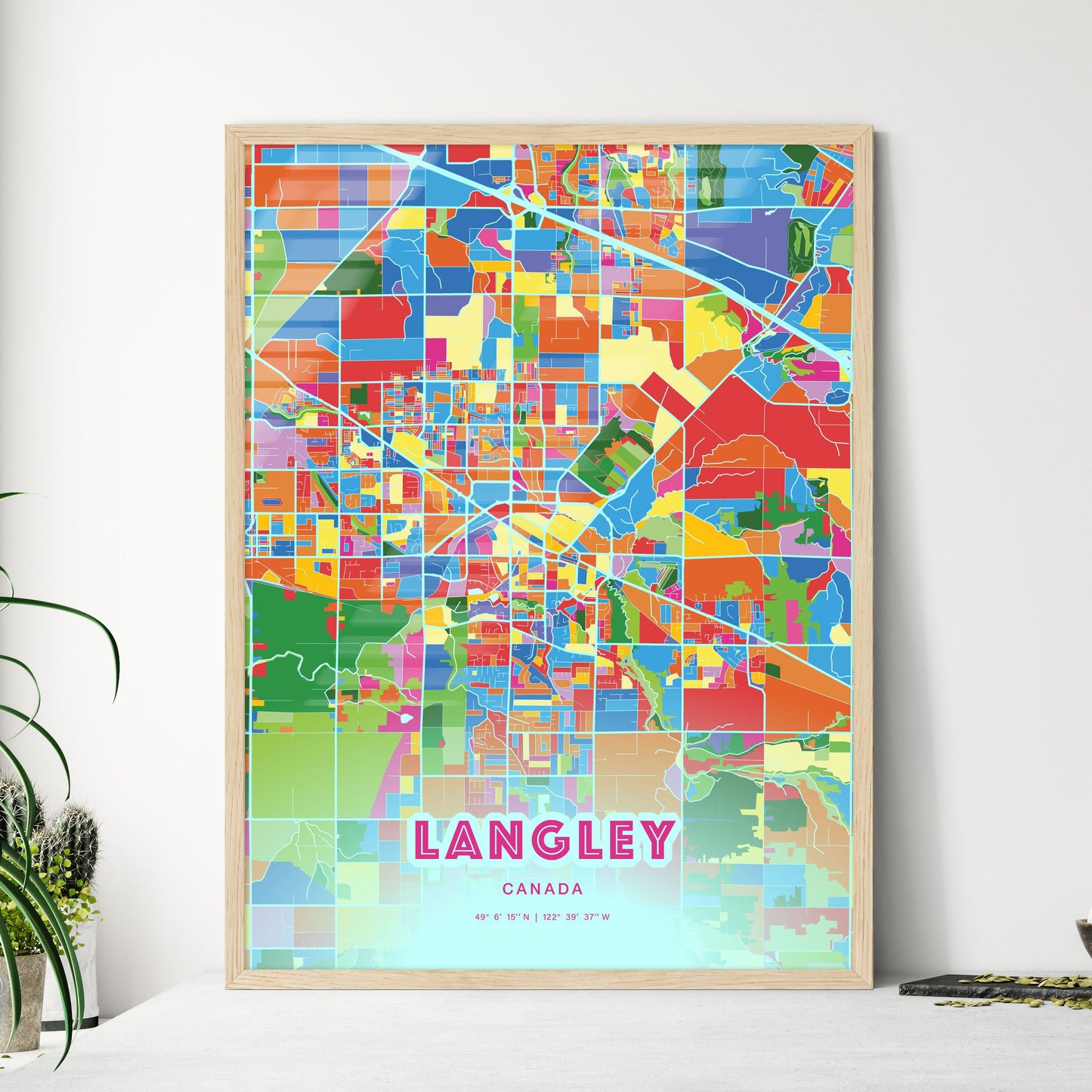 Colorful LANGLEY CANADA Fine Art Map Crazy Colors
