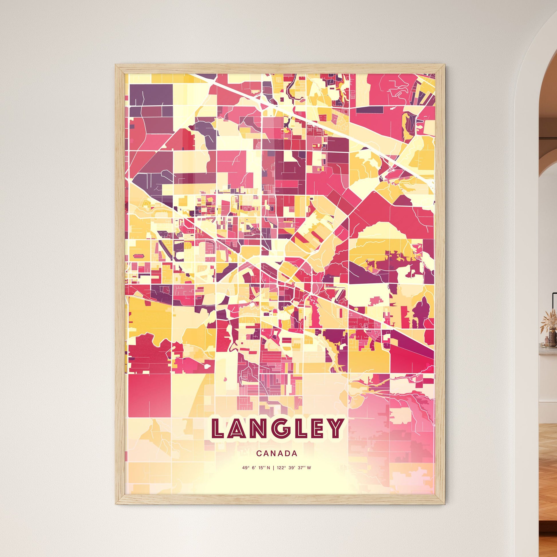 Colorful LANGLEY CANADA Fine Art Map Hot Red