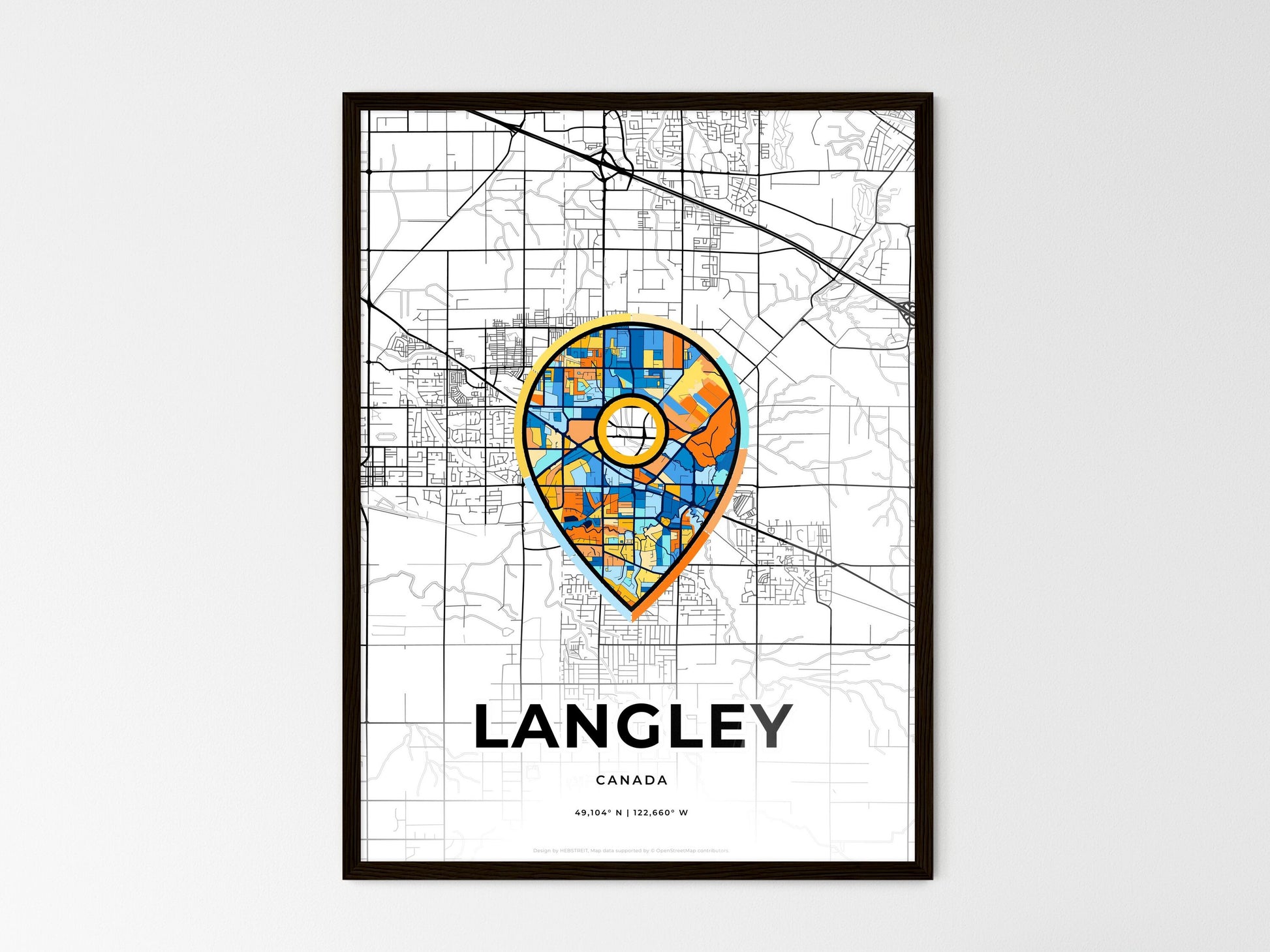 LANGLEY CANADA minimal art map with a colorful icon. Where it all began, Couple map gift. Style 1