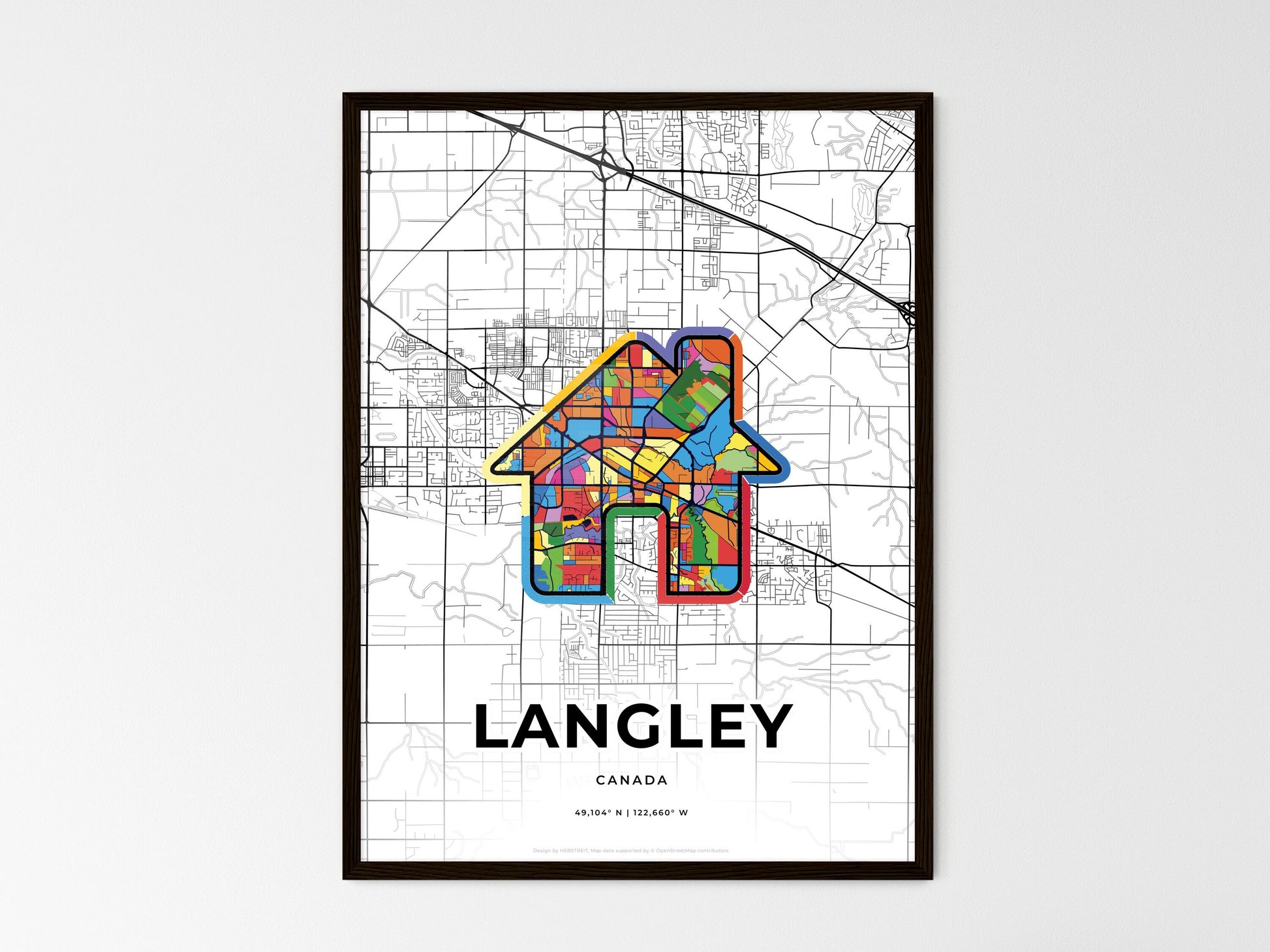 LANGLEY CANADA minimal art map with a colorful icon. Where it all began, Couple map gift. Style 3