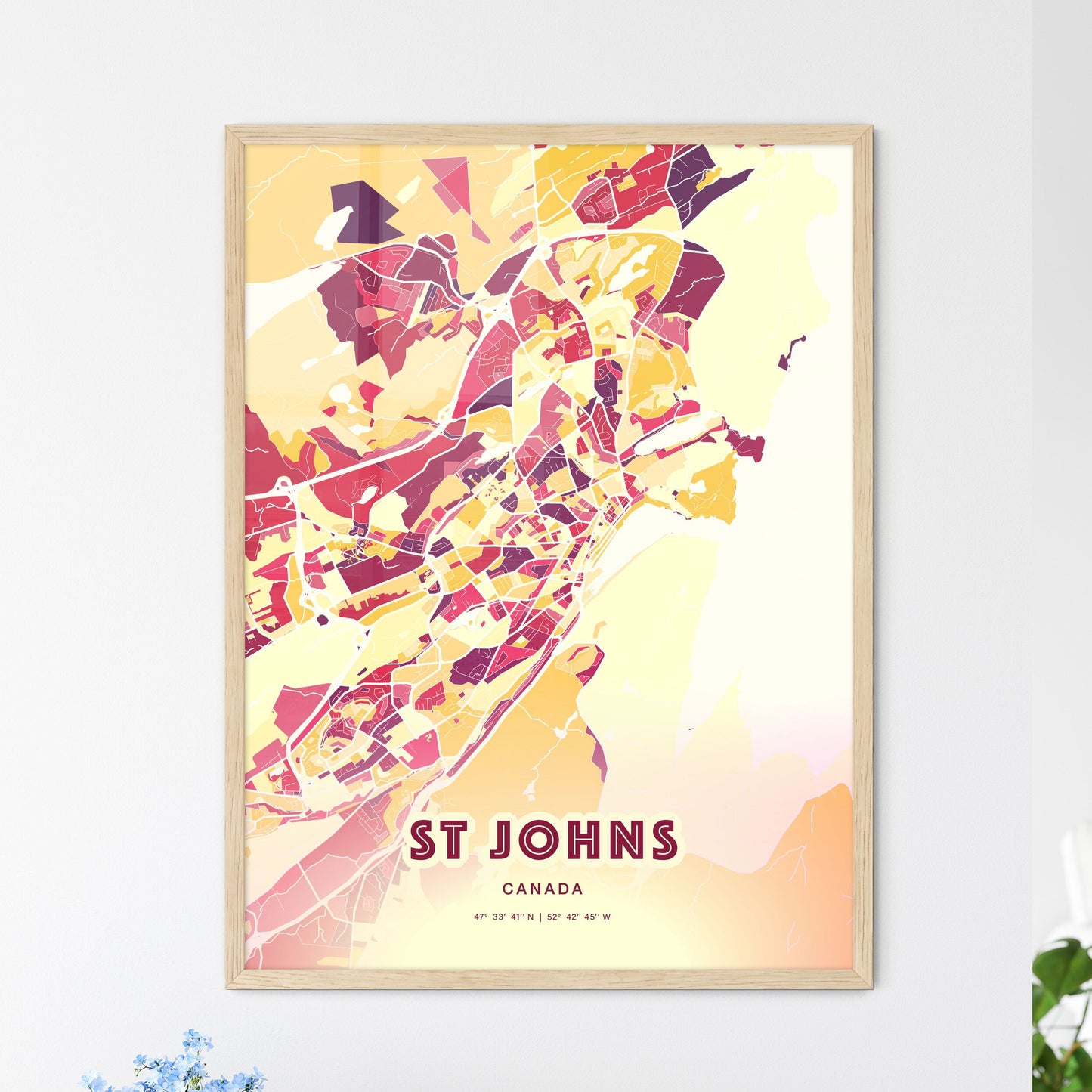 Colorful ST JOHNS CANADA Fine Art Map Hot Red