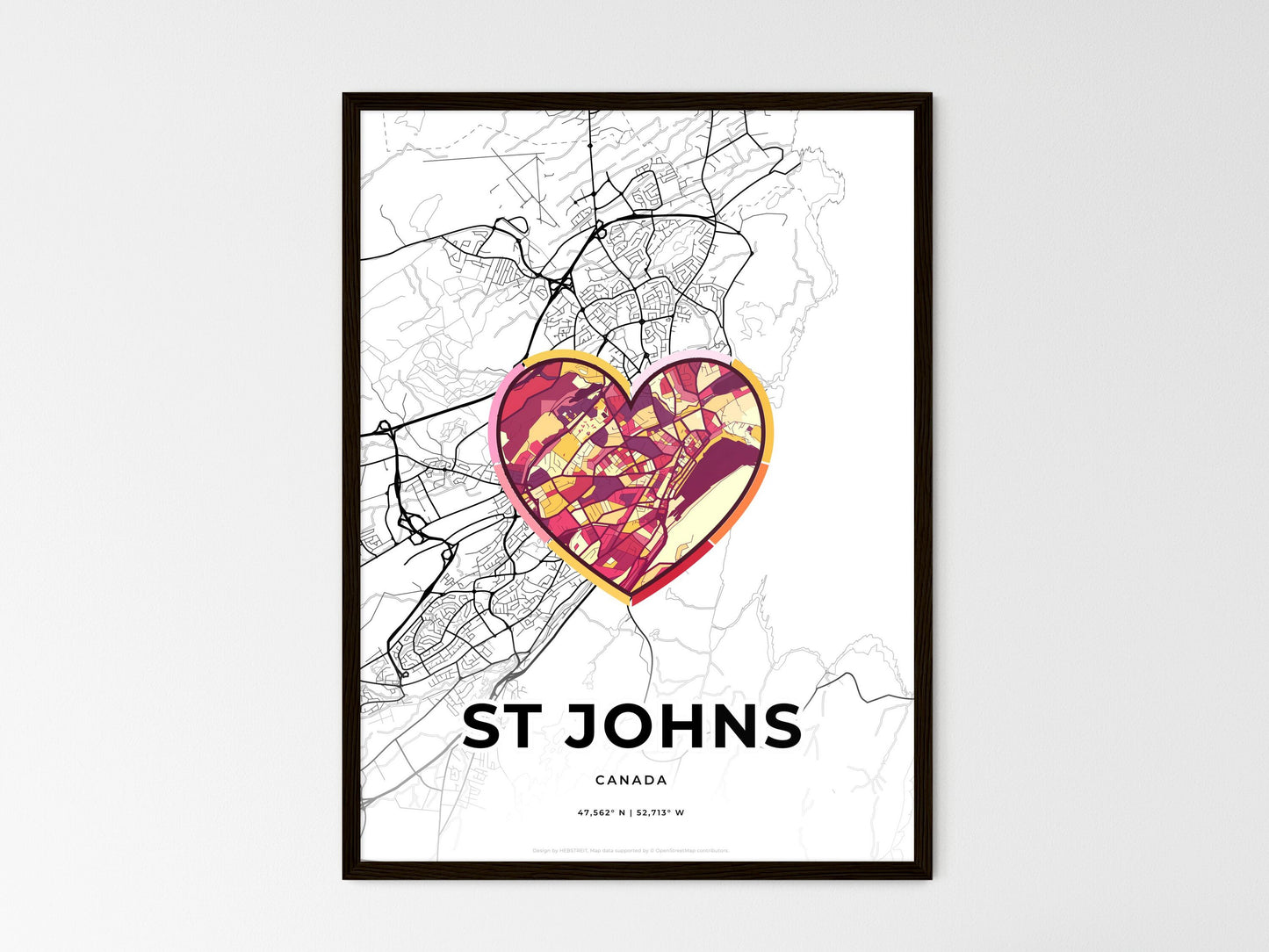 St Johns Canada wedding art map with heart icon