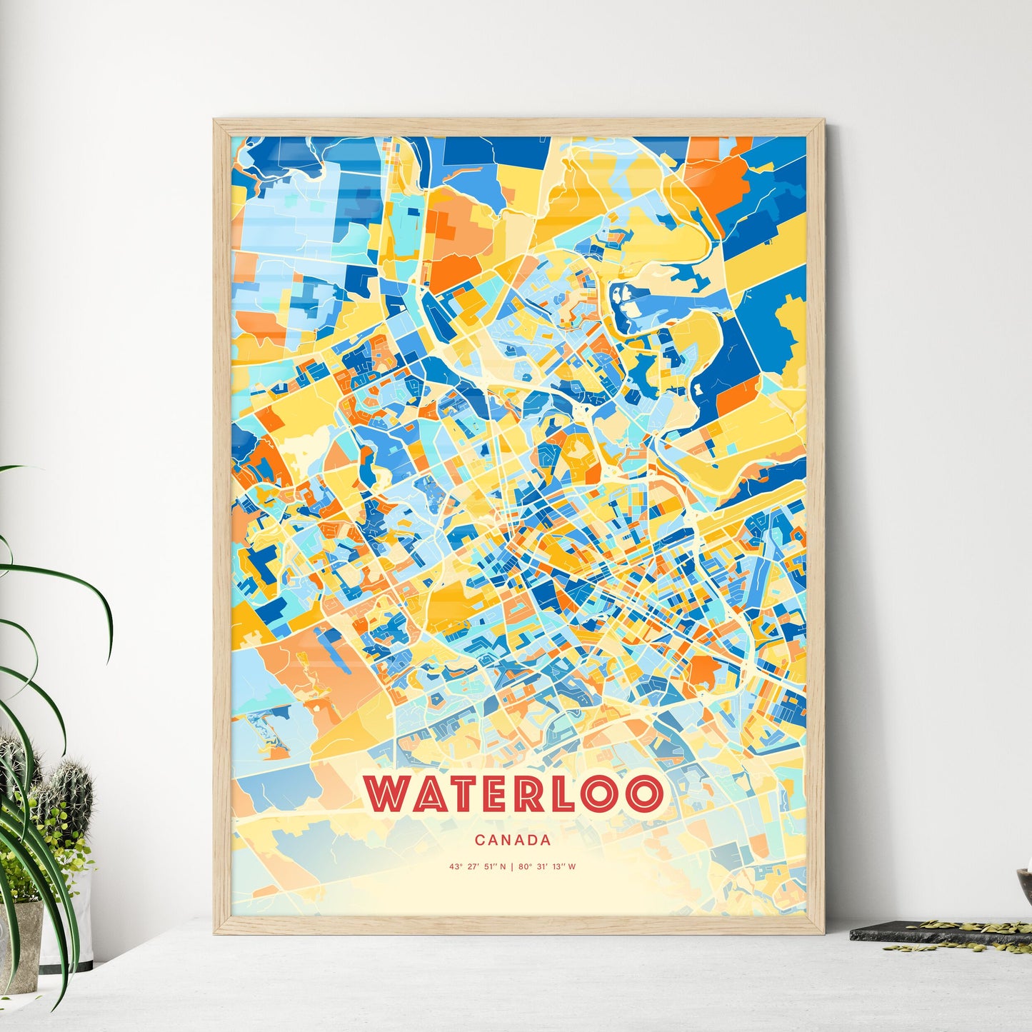 Colorful Waterloo Canada Fine Art Map Blue Orange