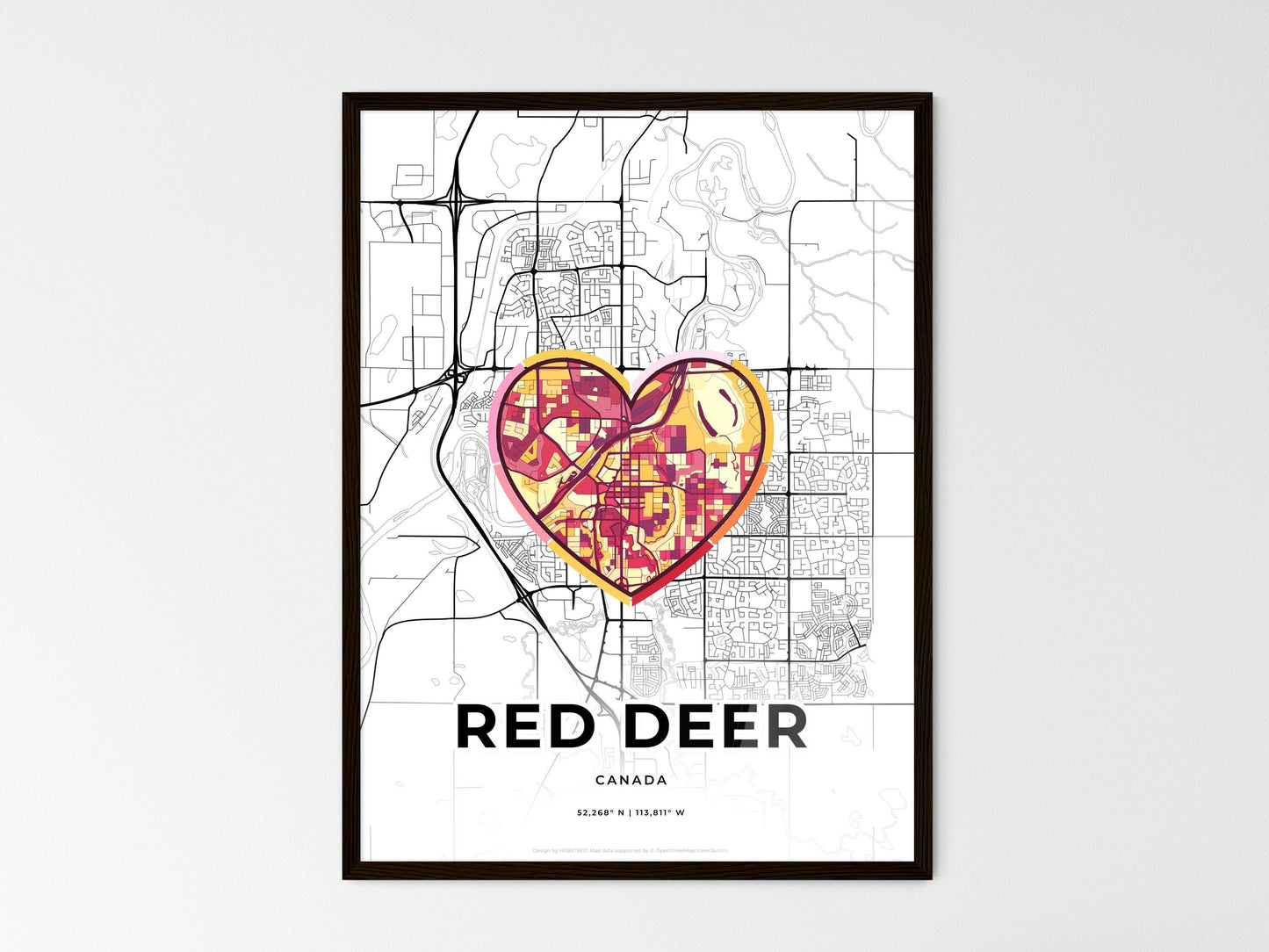 Red Deer Canada wedding art map with heart icon