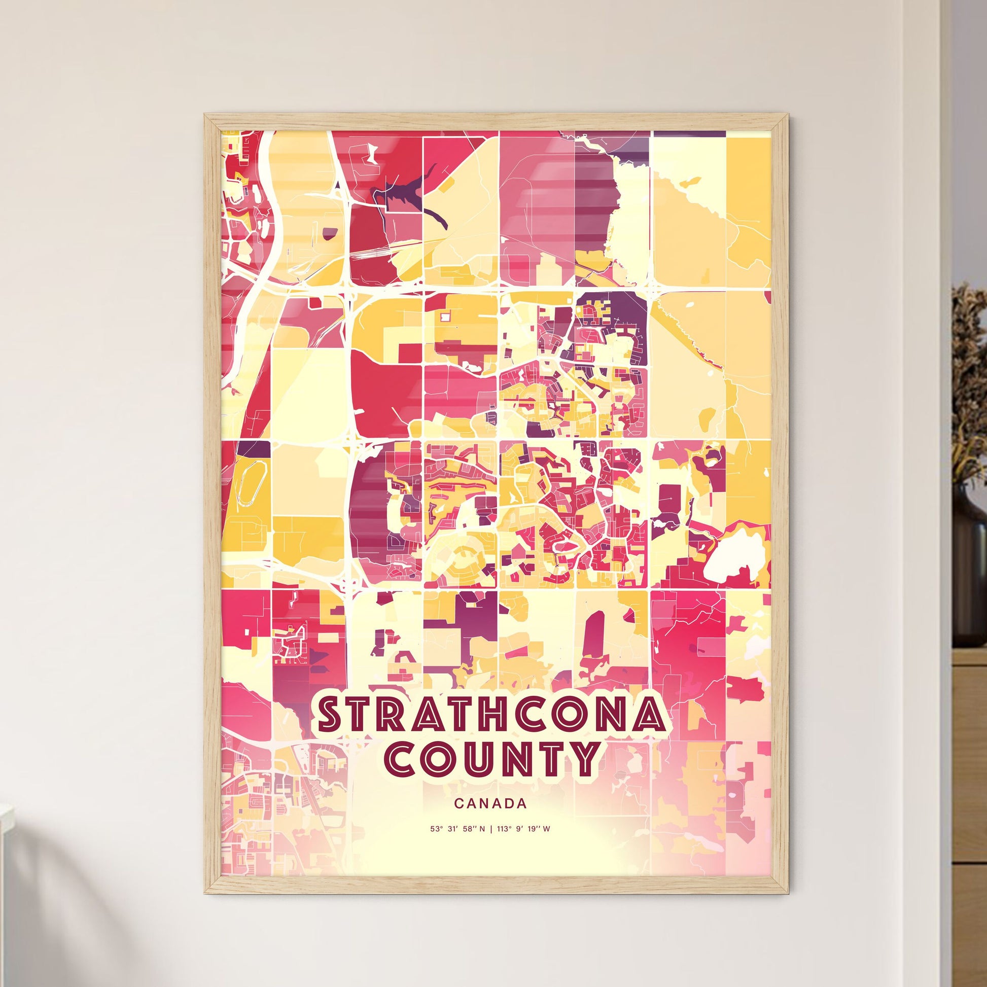 Colorful STRATHCONA COUNTY CANADA Fine Art Map Hot Red