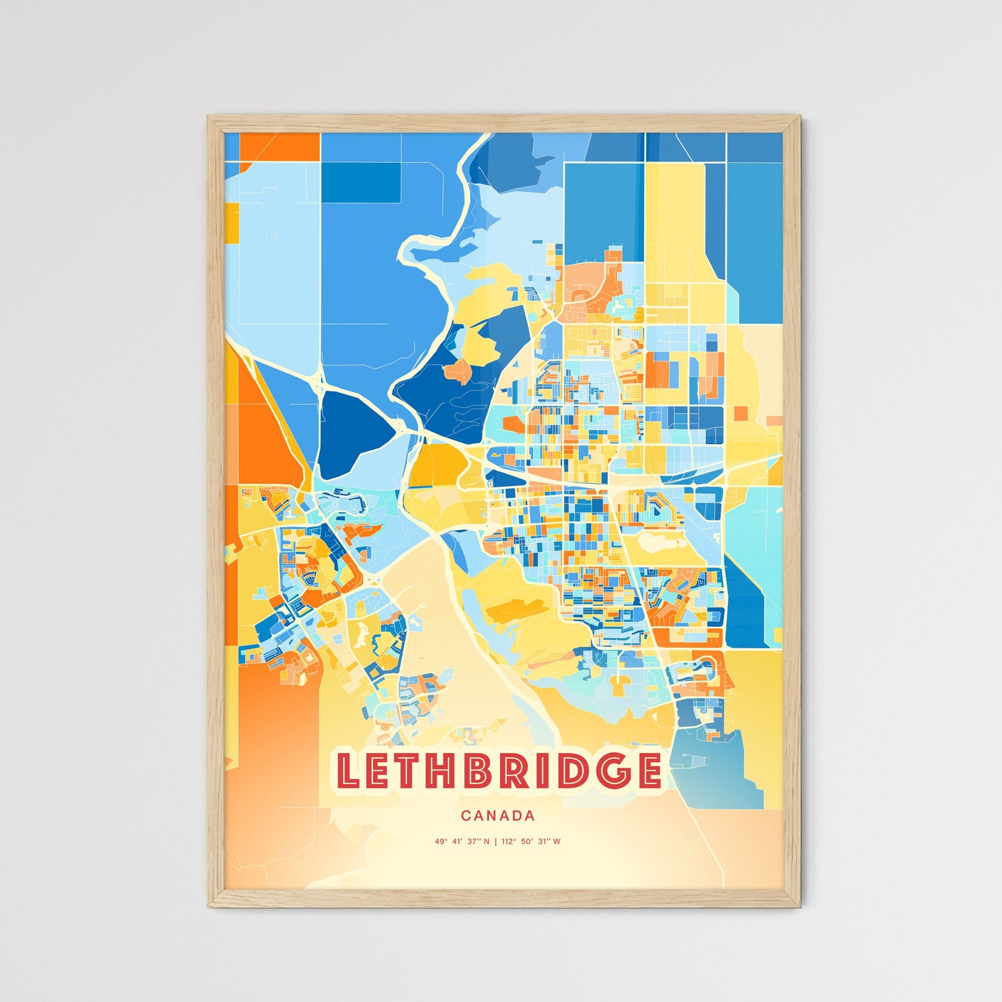Colorful Lethbridge Canada Fine Art Map Blue Orange