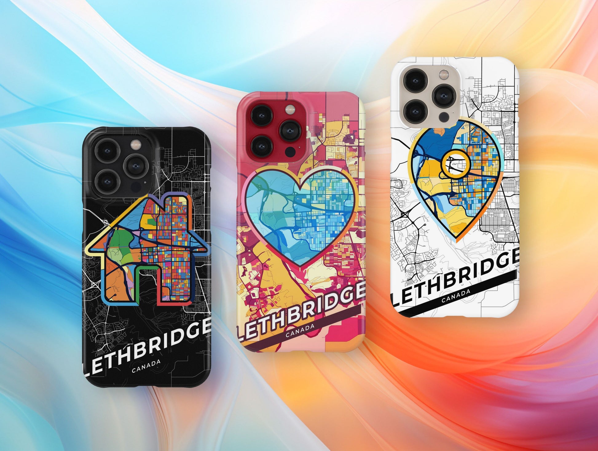 Lethbridge Canada slim phone case with colorful icon. Birthday, wedding or housewarming gift. Couple match cases.