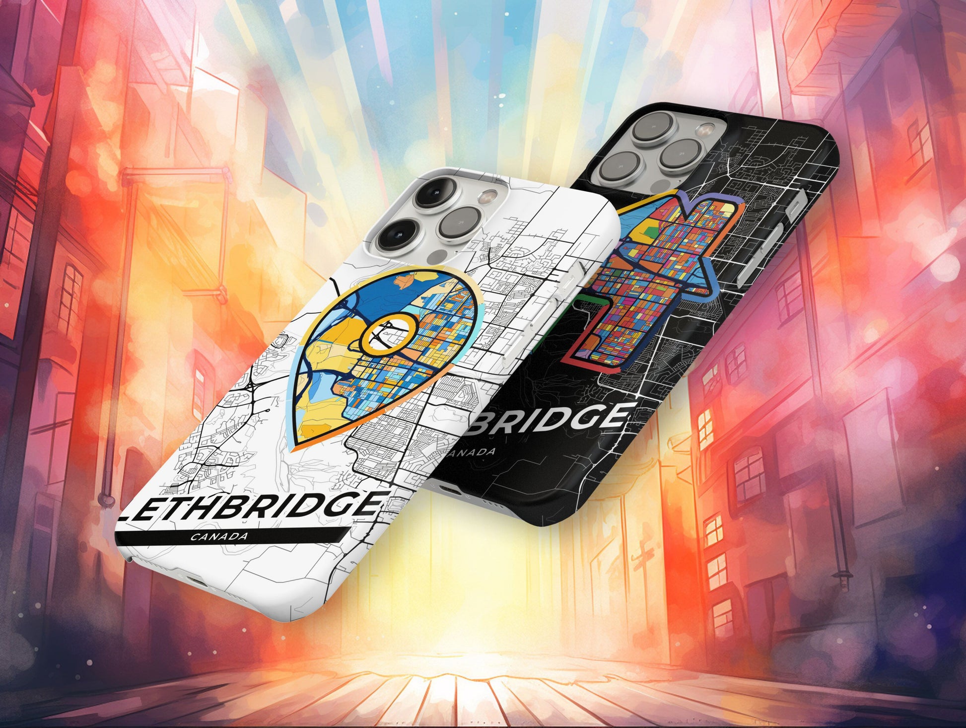 Lethbridge Canada slim phone case with colorful icon. Birthday, wedding or housewarming gift. Couple match cases.