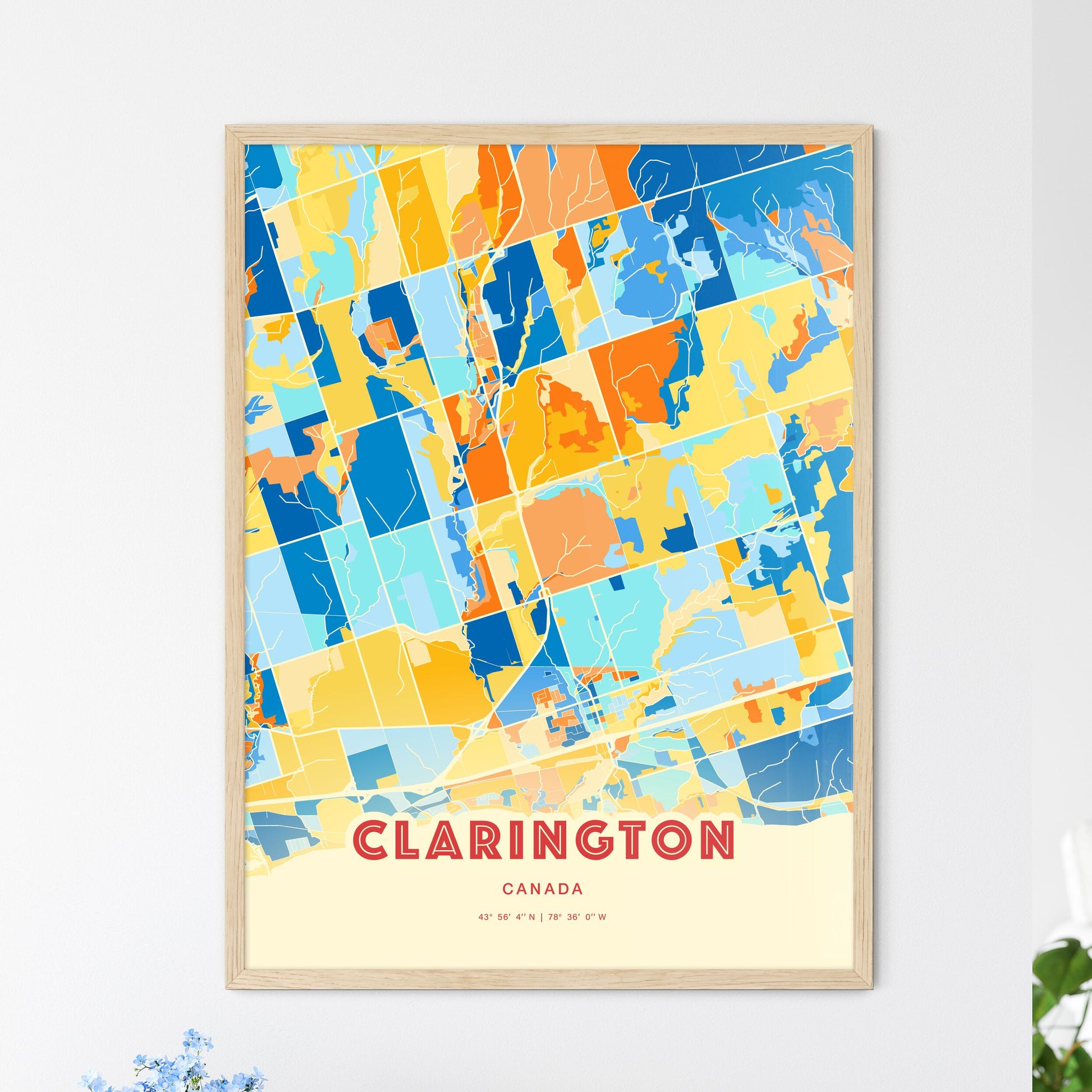 Colorful CLARINGTON CANADA Fine Art Map Blue Orange