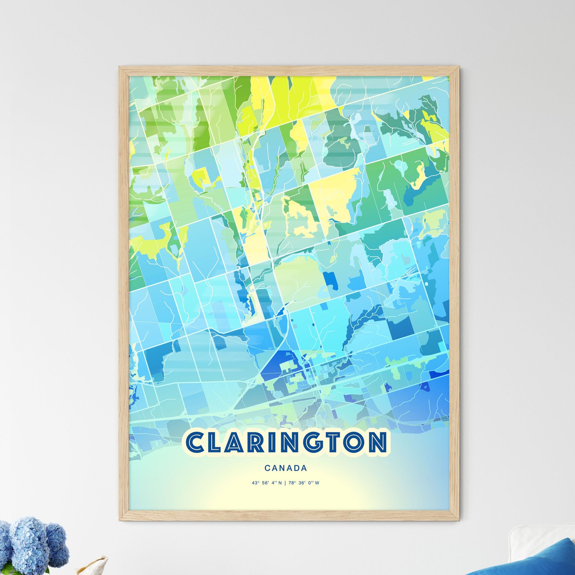 Colorful CLARINGTON CANADA Fine Art Map Cool Blue