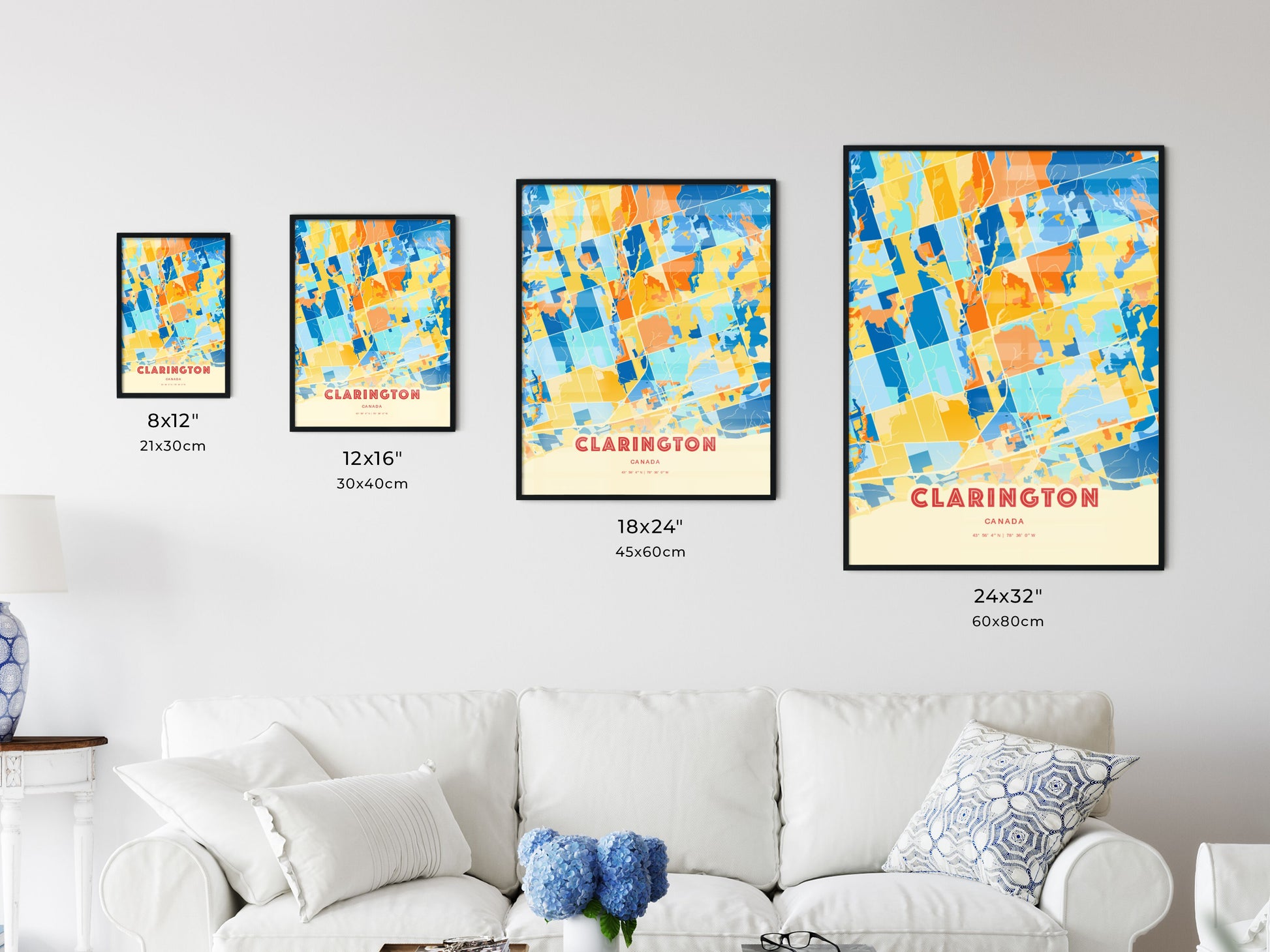 Colorful CLARINGTON CANADA Fine Art Map Blue Orange