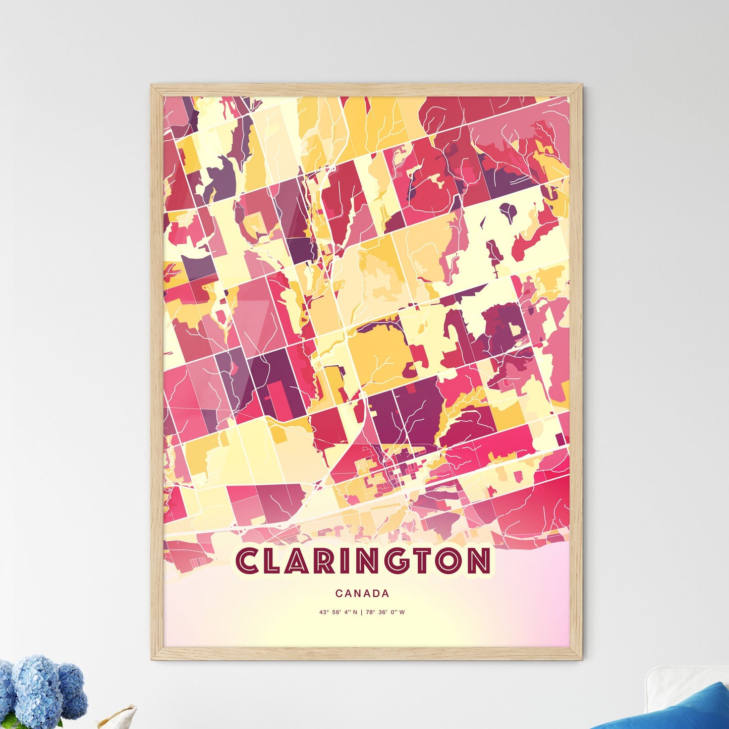 Colorful CLARINGTON CANADA Fine Art Map Hot Red