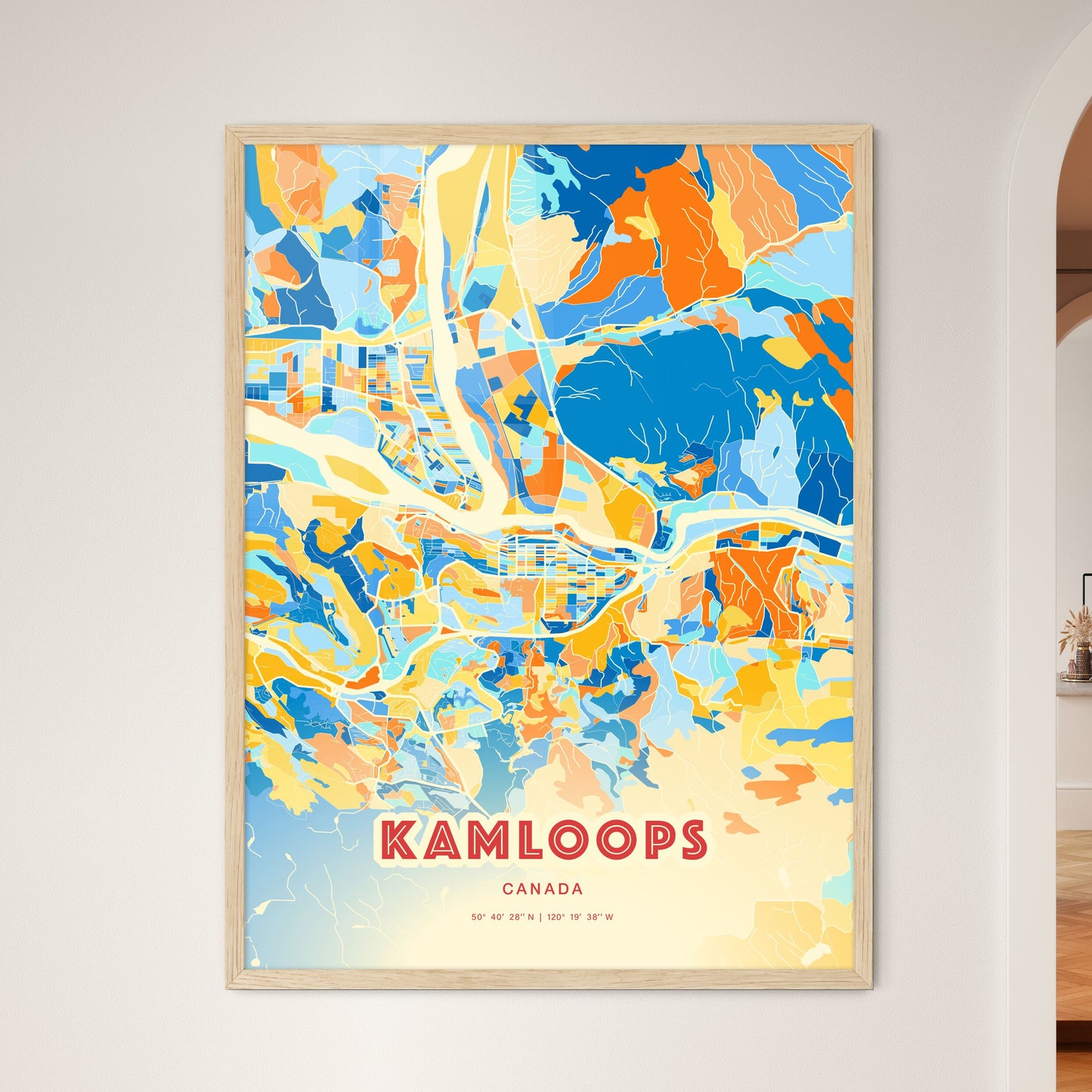 Colorful KAMLOOPS CANADA Fine Art Map Blue Orange